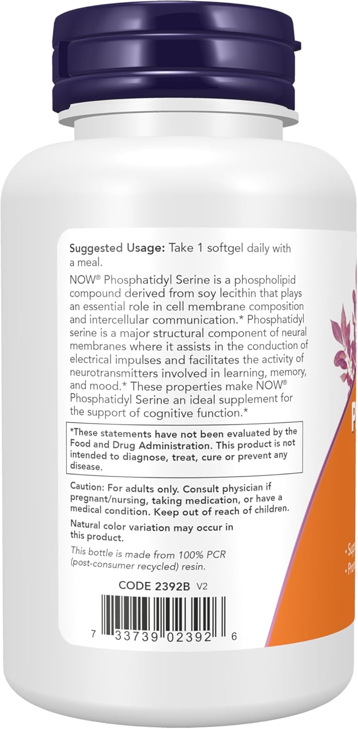 NOW Supplements, Phosphatidyl Serine 300 mg, Extra Strength, with Phospholipid compound derived from Soy Lecithin, 50 Softgels - Image 2