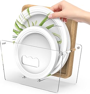 KALYLOC Disposable Paper Plate Dispenser for 5-12 Inches, Space-Saving Plastic Foam Acrylic Plate Dispensers Holder, Countertop Plates Storage Organizer for Cabinet, RV, Party or Outdoor