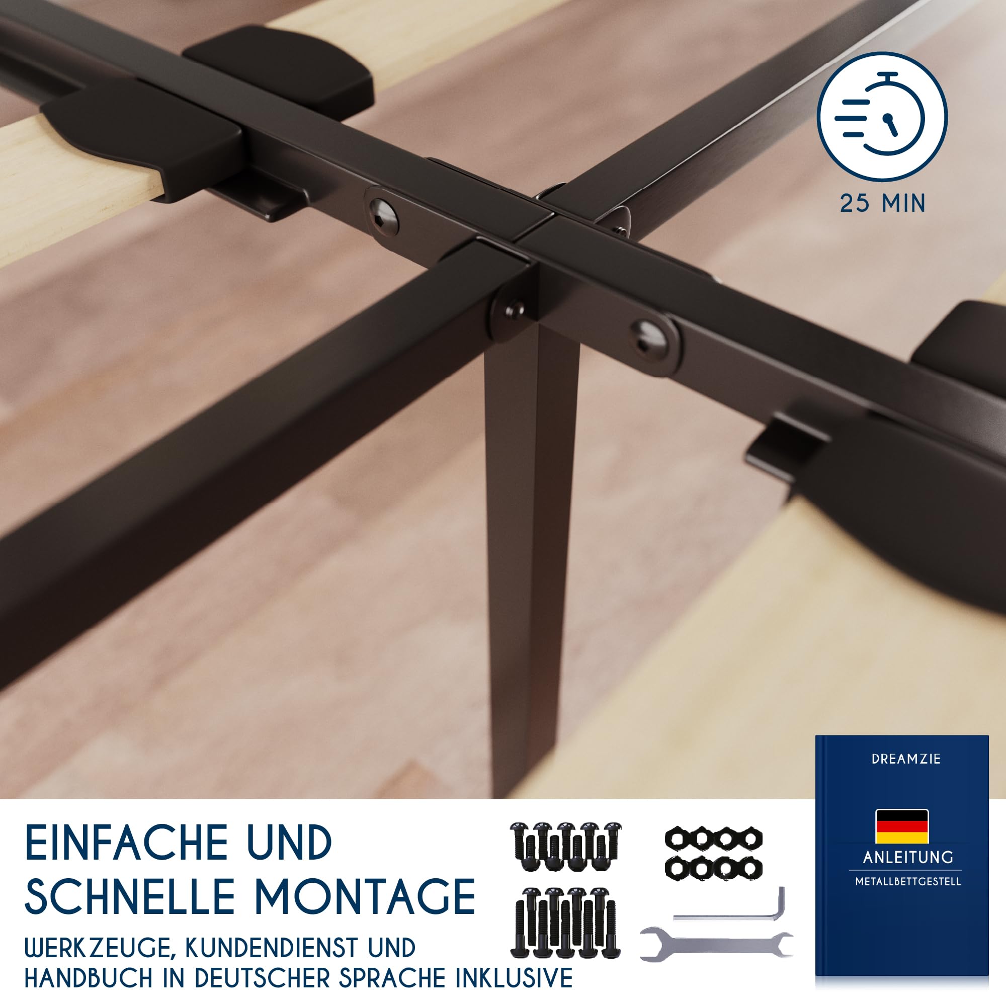Dreamzie Bett 90x200 cm aus Metall mit Lattenrost - Bettrahmen mit Holzlatten - Bettgestell 90x200 Höhe 41cm - Schwarz