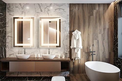 Miniatura 6 de Espejo de baño LED de 24 x 32 pulgadas, espejo de maquillaje iluminado con luz frontal, espejos regulables montados en la pared con antiniebla,