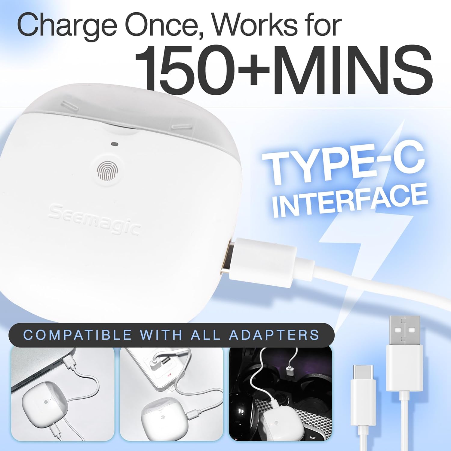 Seemagic Electric Nail Clipper charging via Type-C interface, providing over 150 minutes of use on a single charge, compatible with all Type-C adapters.
