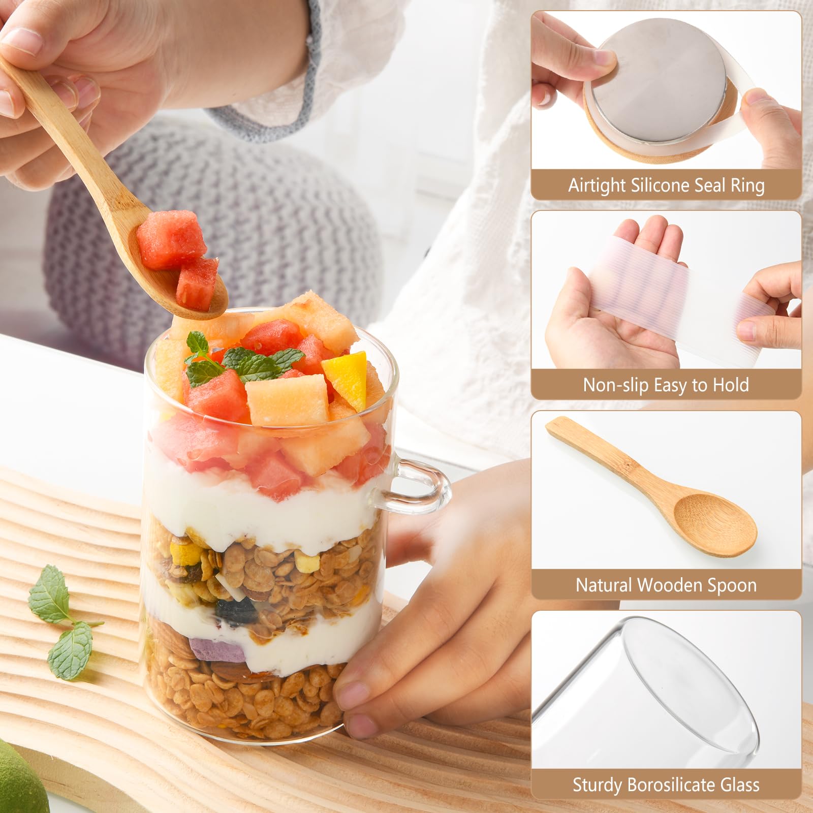 YBCPACK Overnight Oats - Juego de 4 tarros de cristal de 500 ml con tapa de bambú y cuchara, tarros de almacenamiento a prueba de fugas con anillo de silicona, vasos de cocina para cereales, yogur y