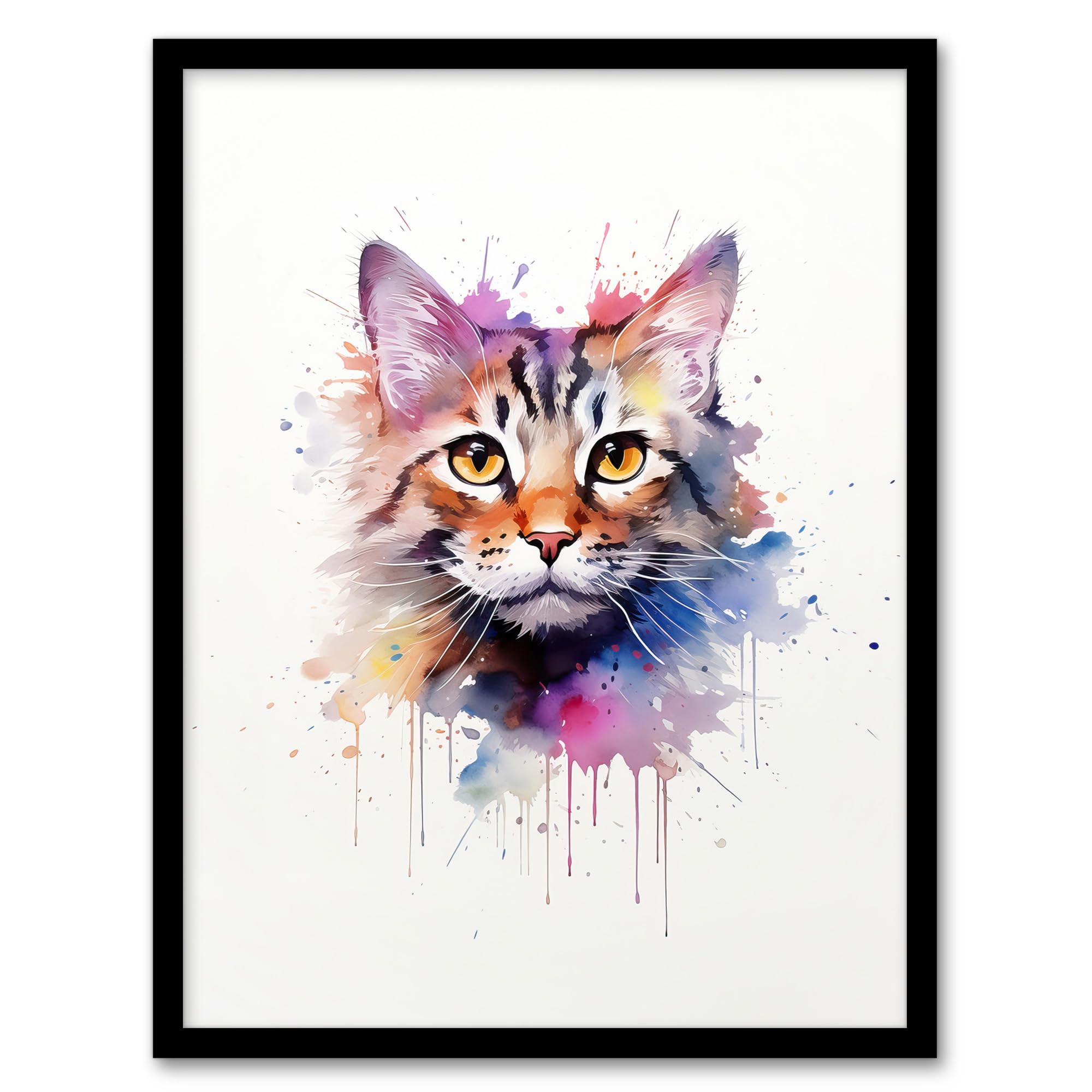 Artery8 Tabby Cat Lovers Gift Watercolour Pet Portrait Painting Artwork Artwork Framed Wall Art Print A4