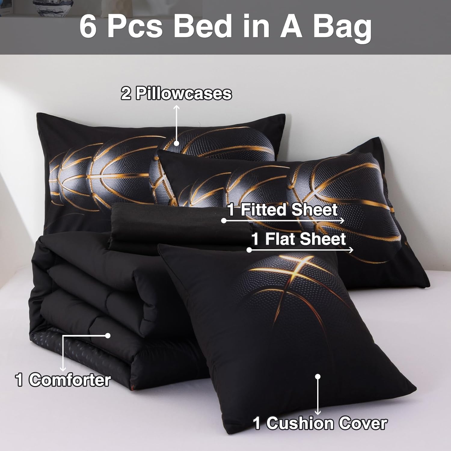 A Nice Night 6Pcs Bed in A Bag Twin Sports Comforter Set,3D Phnom Penh Black Basketball Printing for Kids Teen Boys,Twin - Image 5