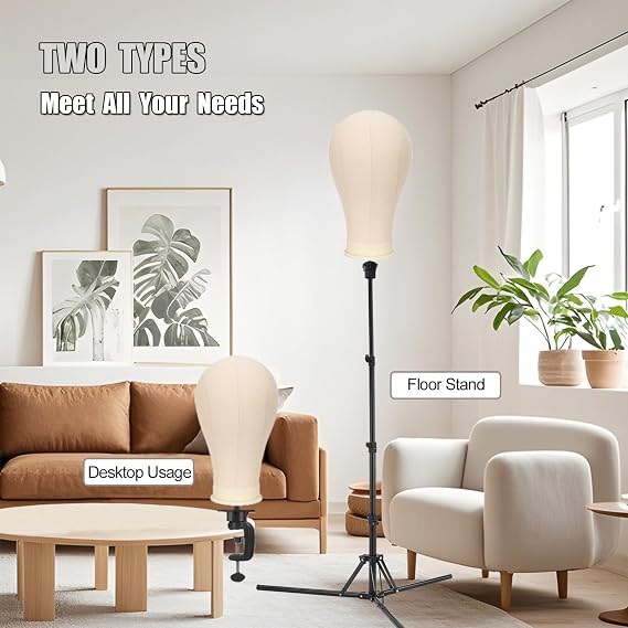 23 Inch Canvas Block Wig Head, 47 Inch Wig Stand Tripod with Head, Mannequin Head for Wigs Display with Wig Caps, T C Pins Brush