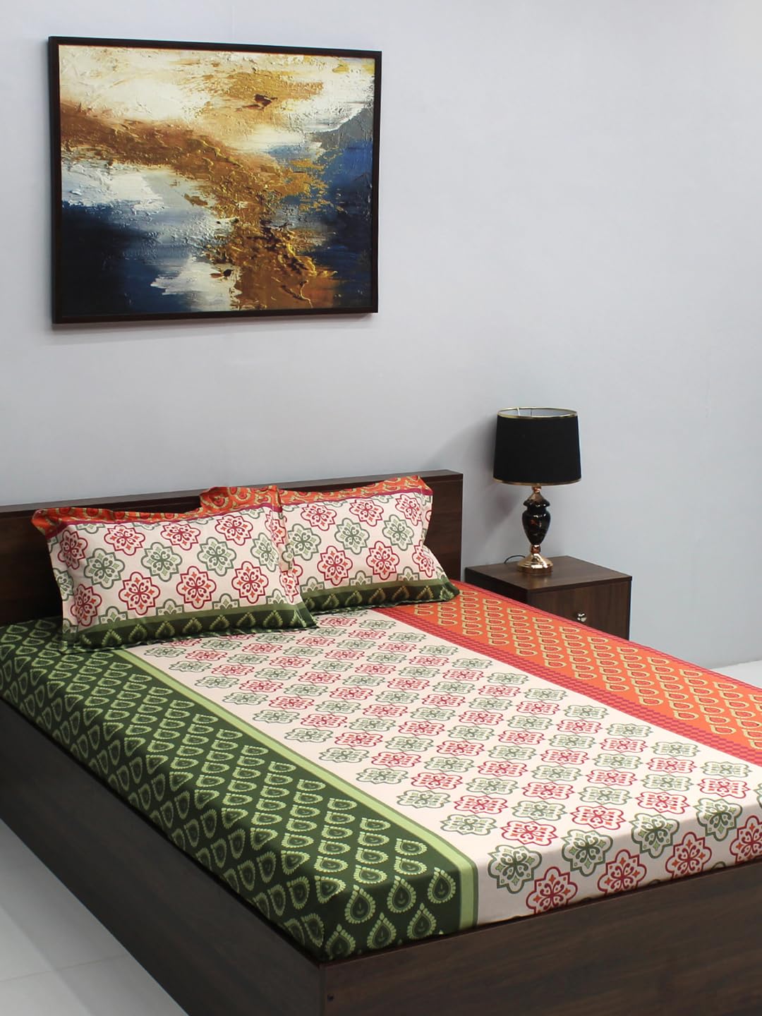 Bombay Dyeing 100% Cotton Queen Size Bedsheet for Double Bed, 1 Cotton Bed Sheet Double Bed (88 X 94 Inches) with 2 Pillow Covers | 110 TC Bed Sheet Double Bed (Ivyrose) - Orange Green-image-14