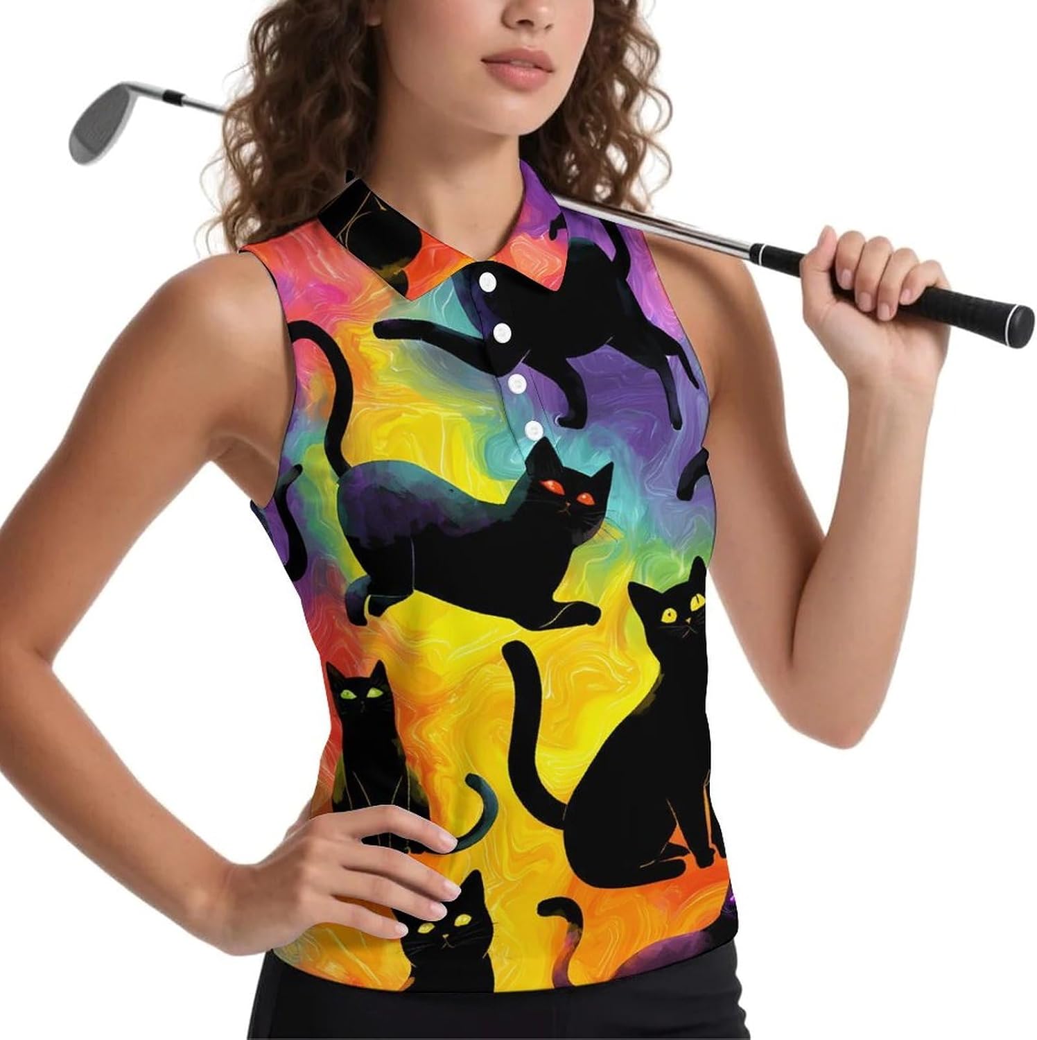 Rainbow Black Cats Women Sleeveless Collared Golf Polo Shirt | V Neck Tank Top,Breathable Tennis Shirts