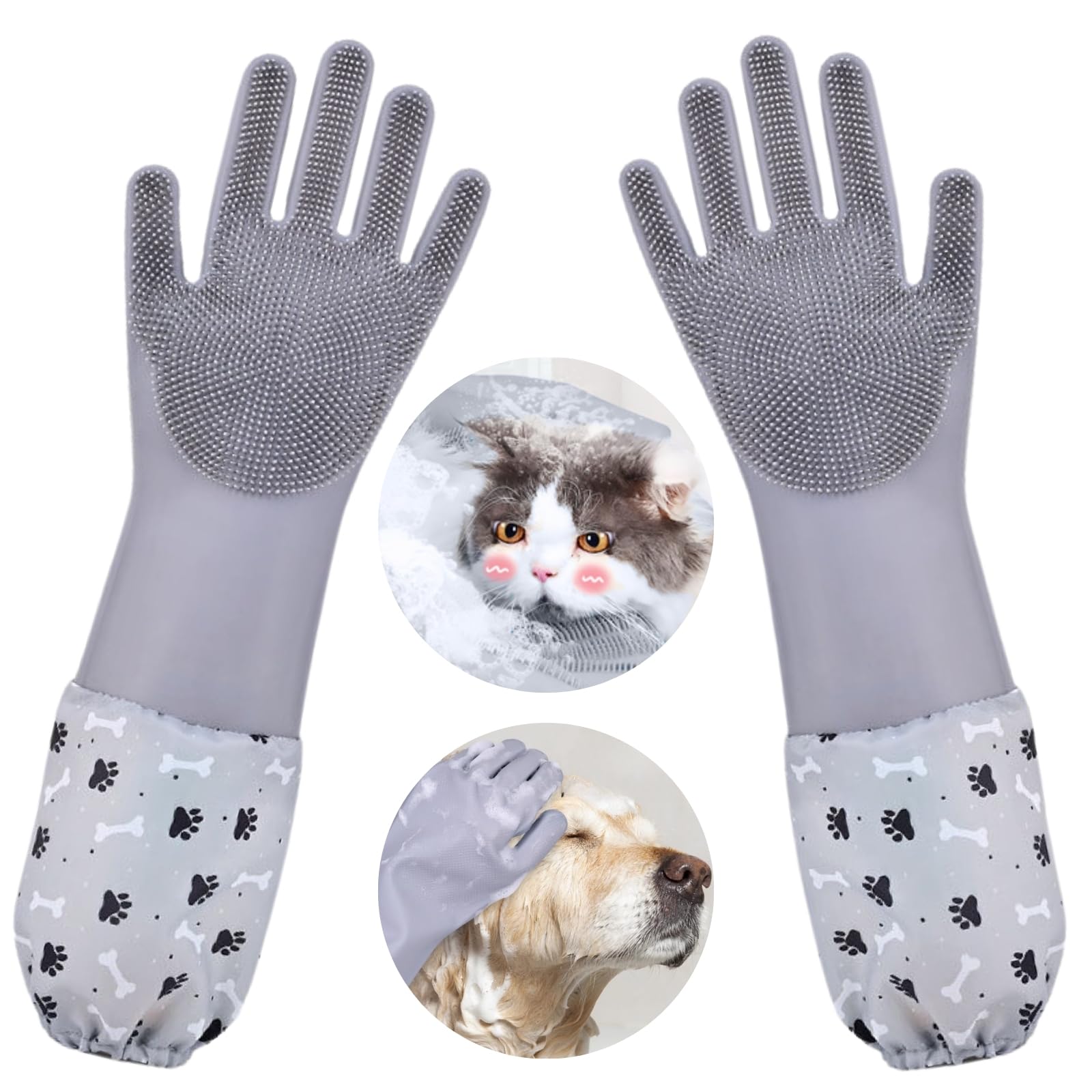 GALYNA Dog Washing Gloves, Pet Grooming Gloves with Soft Brushes, Bathing and Massaging for Dogs and Cats, Silicone Heat Resistant Cleaning Gloves with High-Density Teeth (Gray)