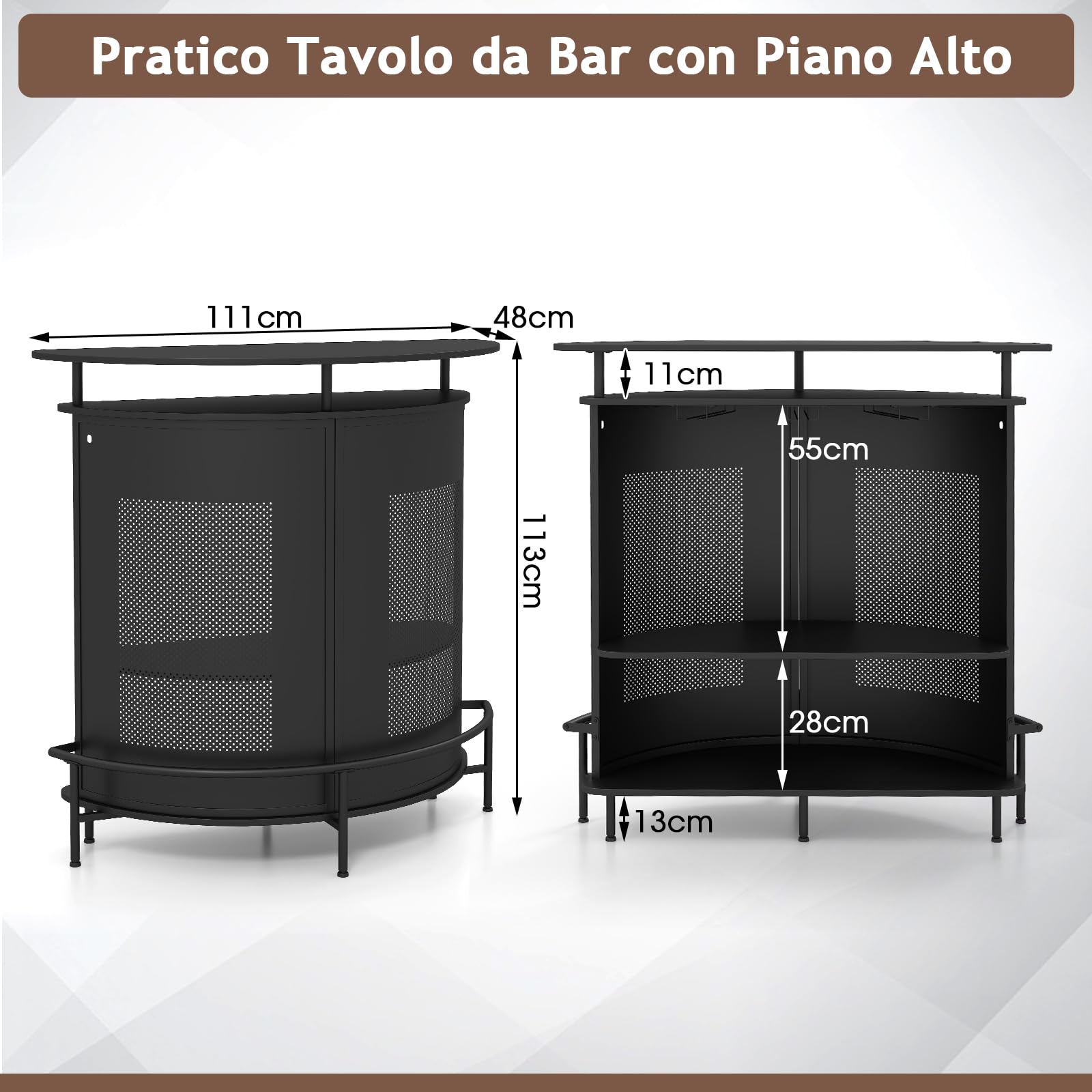 RELAX4LIFE Tavolo Bar Semicircolare con 4 Ripiani e 3 Supporti per Calici, Piano Curvo in Metallo Perforato con Poggiapiedi Integrato, per Cucina, Soggiorno o Angolo Bar (Nero, 110,5 x 48 x 112,5 cm)