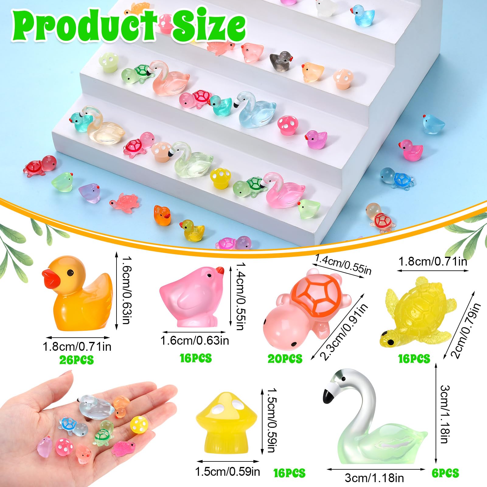 GSrenyu 100 Pcs Mini Resin Animals Luminous 6 Styles Miniature Figures Ducks, Turtles, Flamingos, Mushrooms - Image 2
