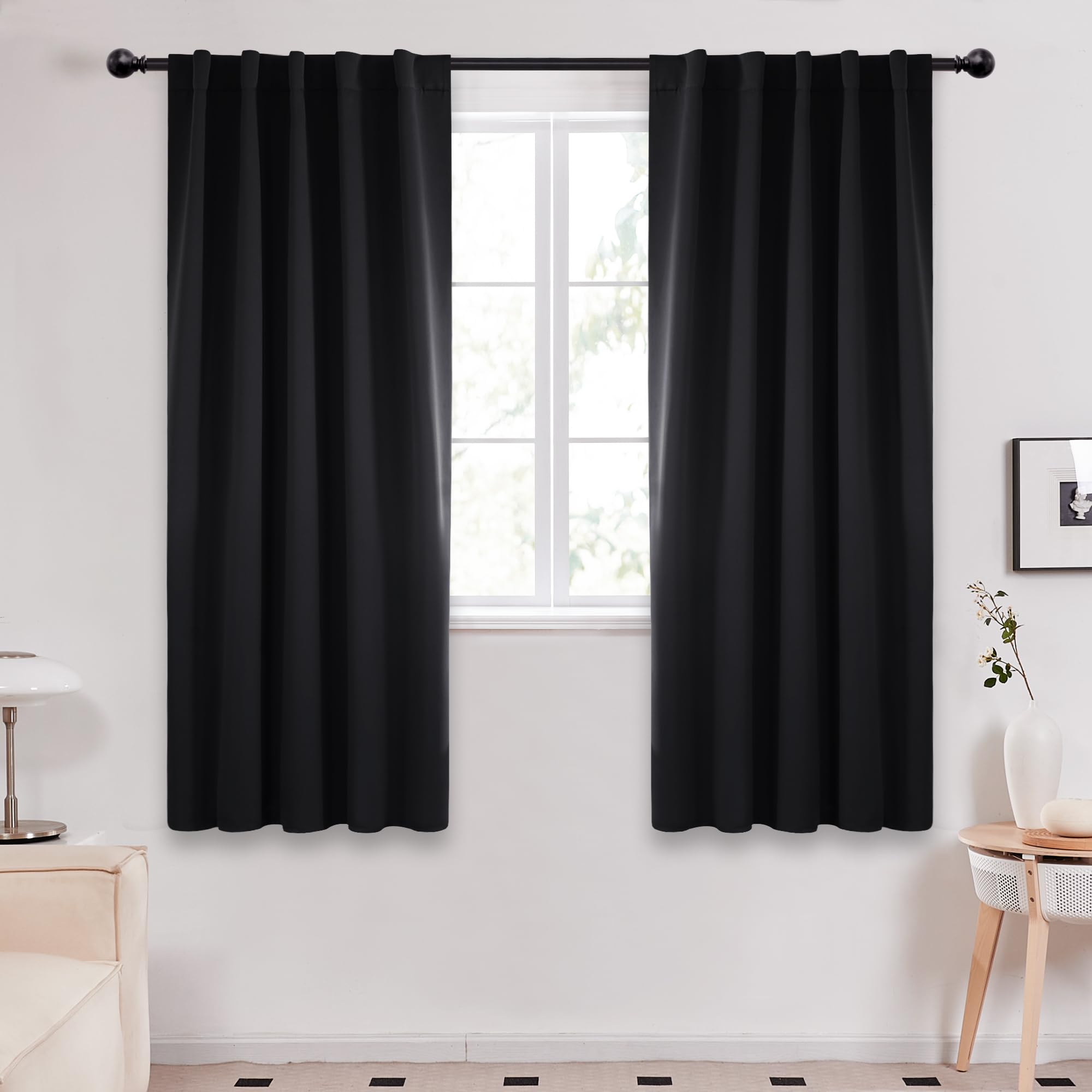 Deconovo Black Blackout Curtains for Bedroom - (42x63 Inch, 2 Panels, Black), Solid Room Darkening Rod Pocket and Back Tab Curtains