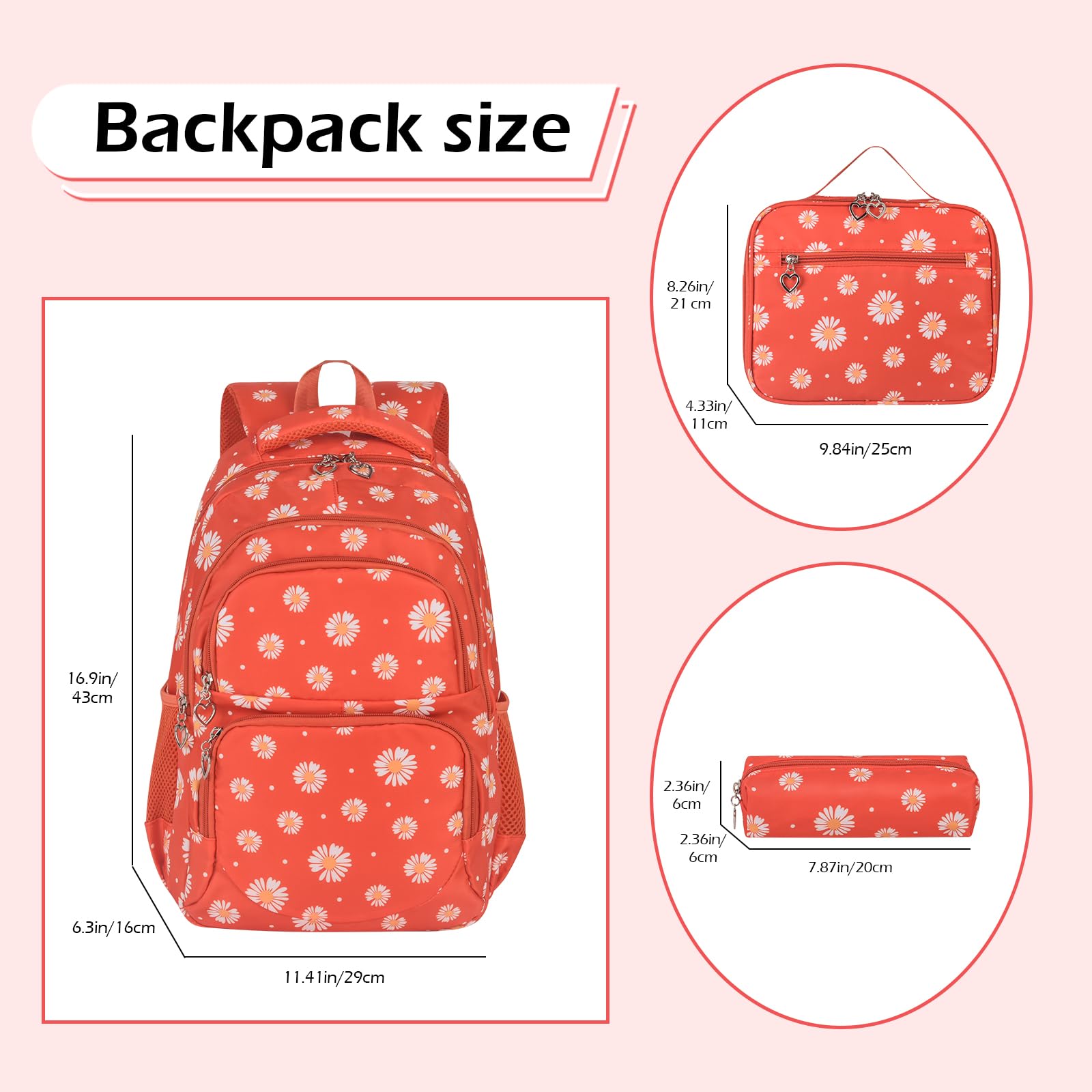 SIVENKE Set di zaino per la scuola con stampa di margherite, con borsa per il pranzo, astuccio, 3 pezzi, borse per la scuola per adolescenti, ragazze, ragazzi, scuola elementare, media, resistente