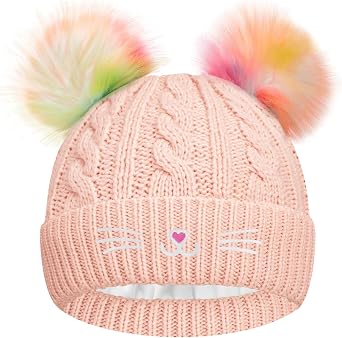 ZGDG Kids Winter Knitted Beanie Hat, Colorful Pompom Snow Ski Hat for Girls Boys, Toddler Warm Fleece Lined Cap for 4-10Y