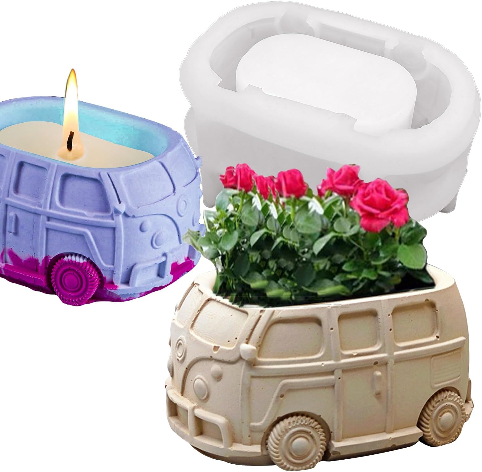 Wehous 3D Bus Silicone Mold Container Bowl Retro Car Shape Candle Vessel Concrete Cement Epoxy Resin Casting Succulent Planter Storage Box DIY Art Crafts