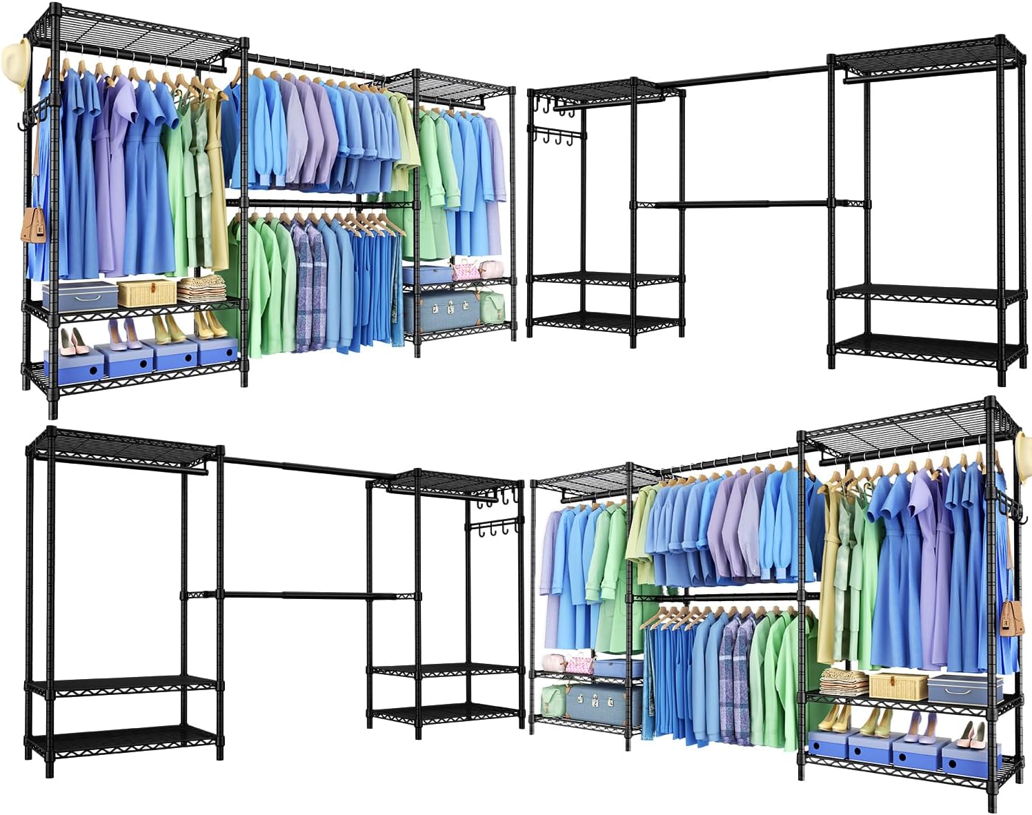Clothing Rack for Hanging Clothes: Heavy Duty Clothes Rack, 71.5-91" W Expandable Large Closet Storage System with Shelves, 1280 lbs Freestanding Modular Wardrobe Organizer, Black, 4PCS