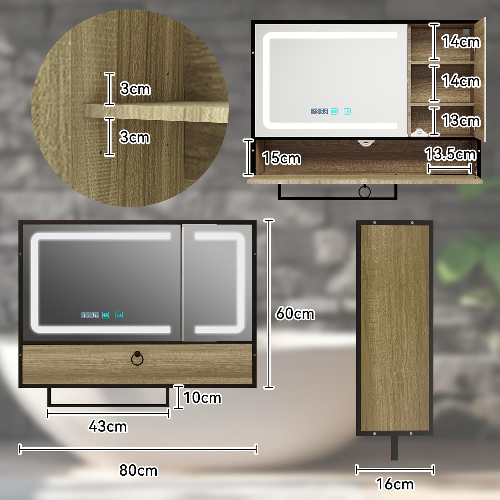 YU YUSING Armoire Salle de Bain LED Anti-Buée avec Porte-Serviettes 80x60cm