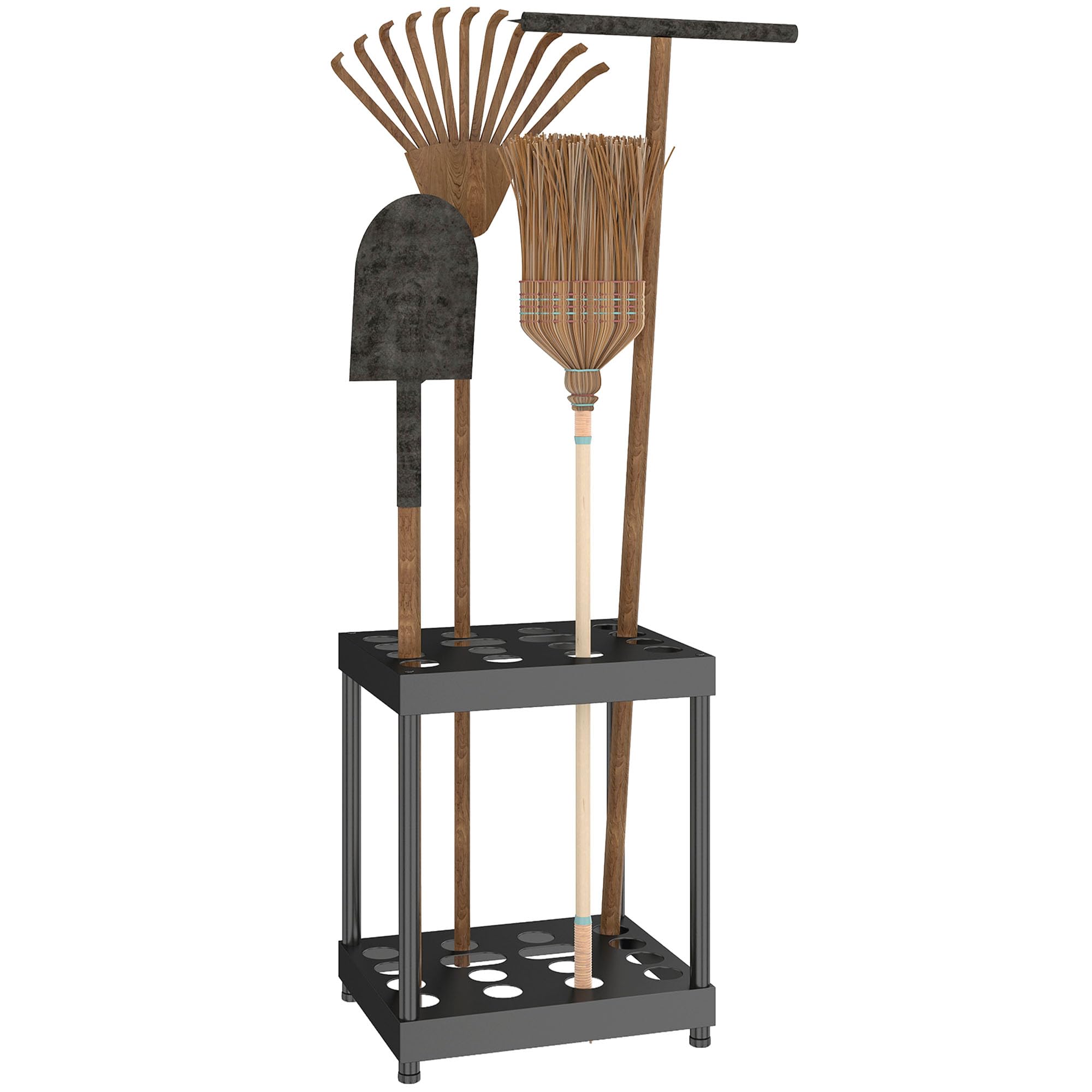 Outsunny Organisateur d'outils de Jardin, Support à Outils de Jardin 16 Compartiments à 2 Niveaux avec Coussinets réglables pour sécateurs, pelles, râteaux, pour abri, Garage, Noir