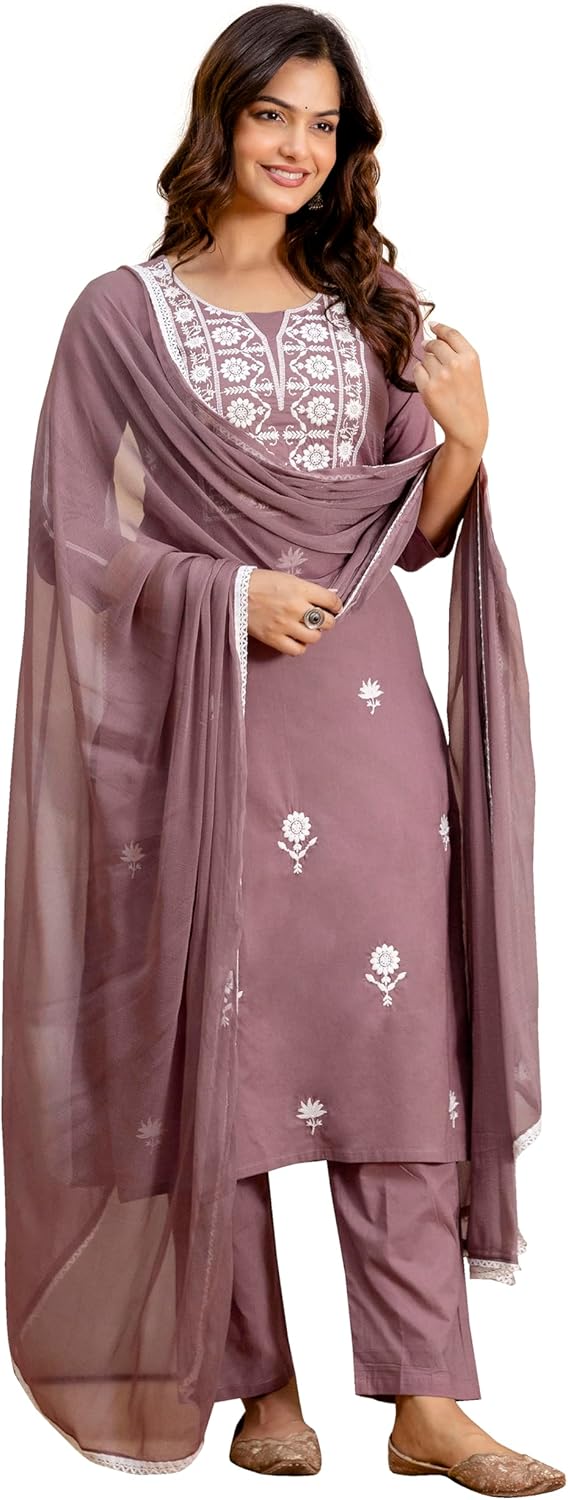 TRENDMALLS Women's Cambric Cotton Embroidery Work .Kurta Pant with Dupatta Set