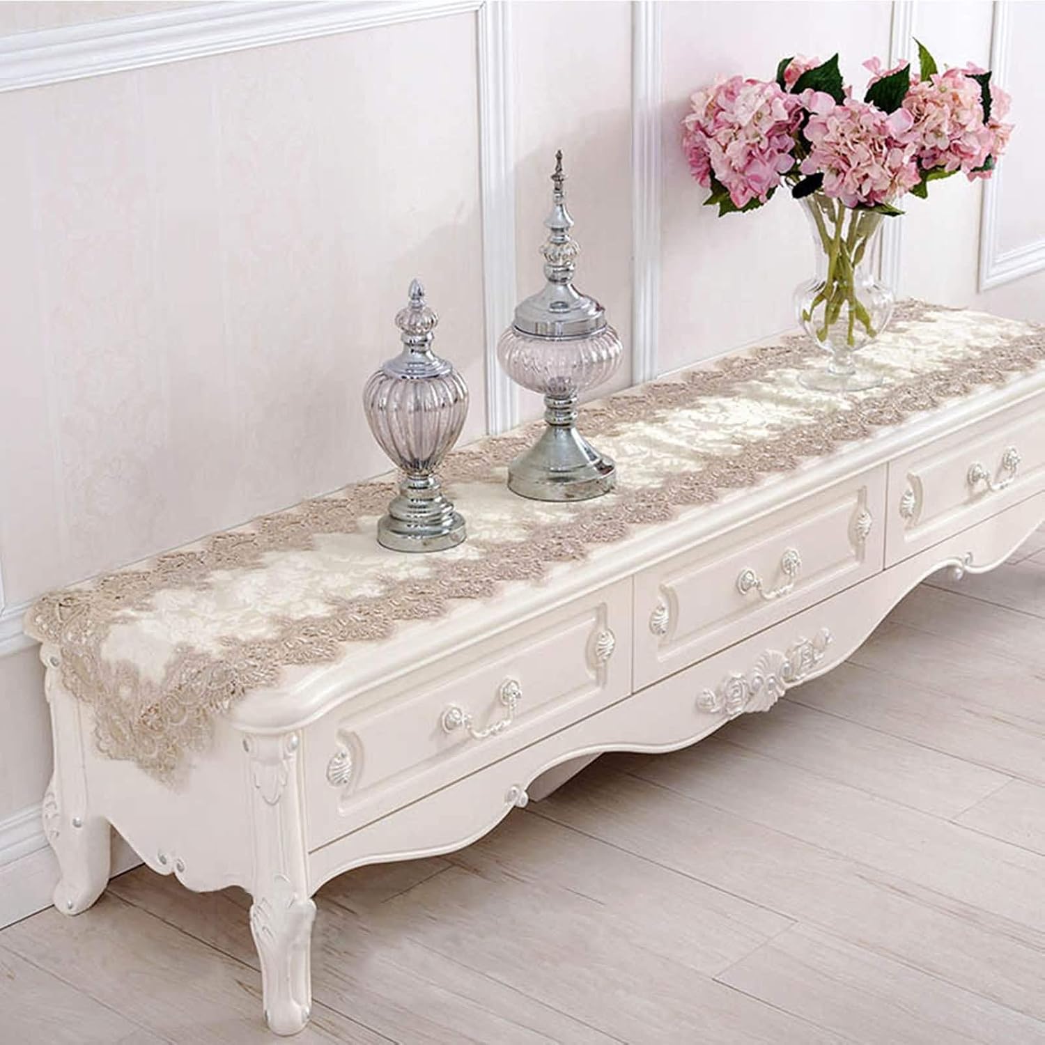 Table Runner Small Rectangle Table,40x150CM,Flowers with Lace Home Decor Table Runner Polyester,Table Runner Light Brown