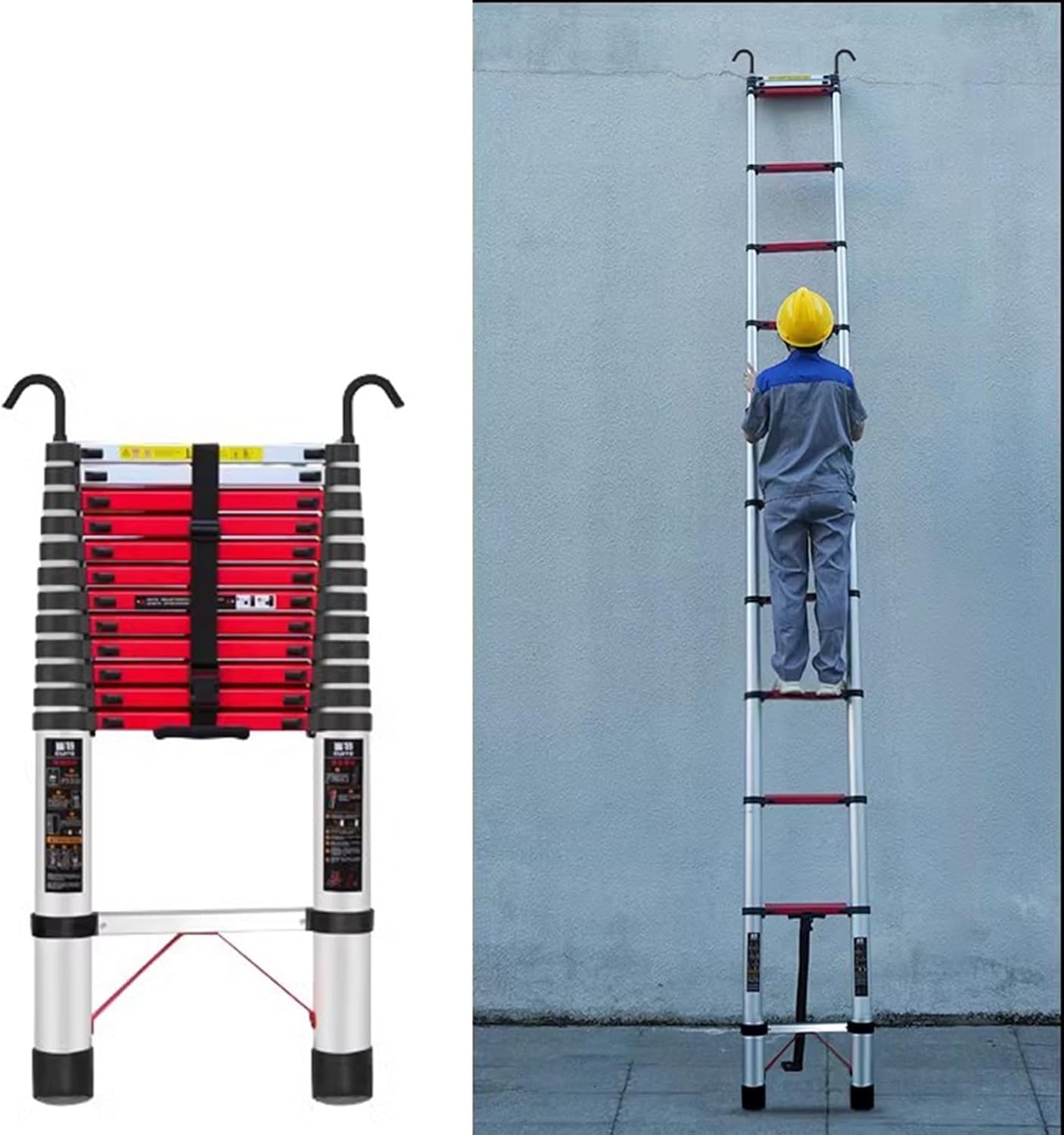 Telescoping Extension Ladder 8m/7.6m/7m/6.2m/5m/4.6m/3.8m/2.6m Lightweight Aluminum Extendable Ladder for Home RV Rooftop Attic Outdoor Work 150kg Load Capacity Black 2.2m/7.2ft Si