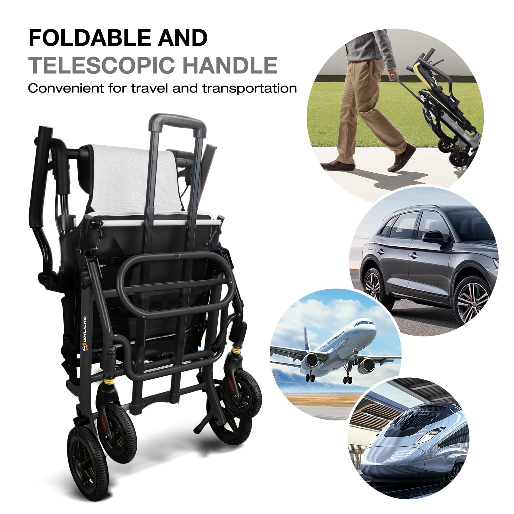 Fauteuils roulants pour adultes fauteuil de transport léger et pliable avec poignée télescopique, largeur d'assise de 46 cm. Fauteuils roulants pliables et portables pour les personnes âgées.