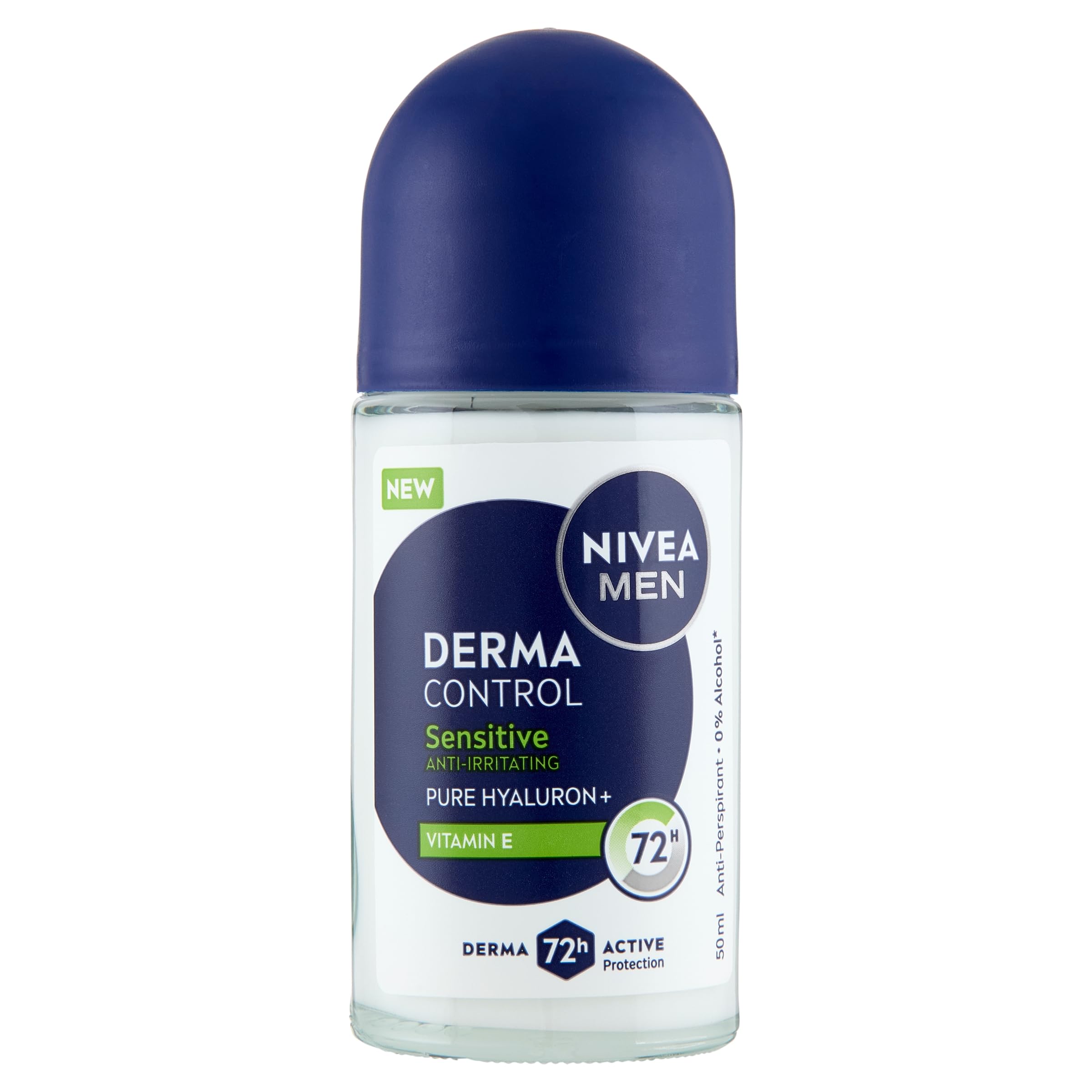 NIVEA Derma Control Sensitive Anti-Transpirant Deodorant für Herren, 72 Stunden Schutz vor Schweiß, Hyaluronsäure und Vitamin E, reizt die Achseln, empfindliche Haut, Roll-on 50 ml