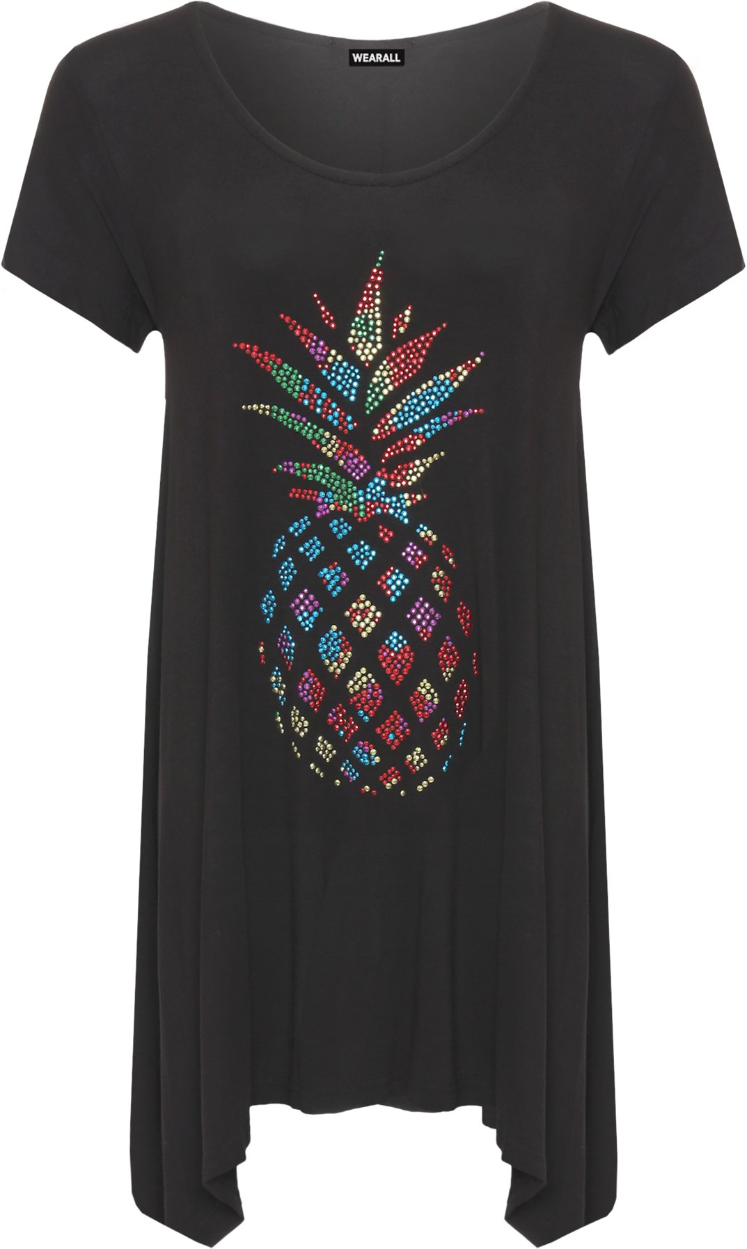 Wearall Women's Black Plus Diamante Pineapple Top Hanky Hem Short Sleeve Flared Top - 16