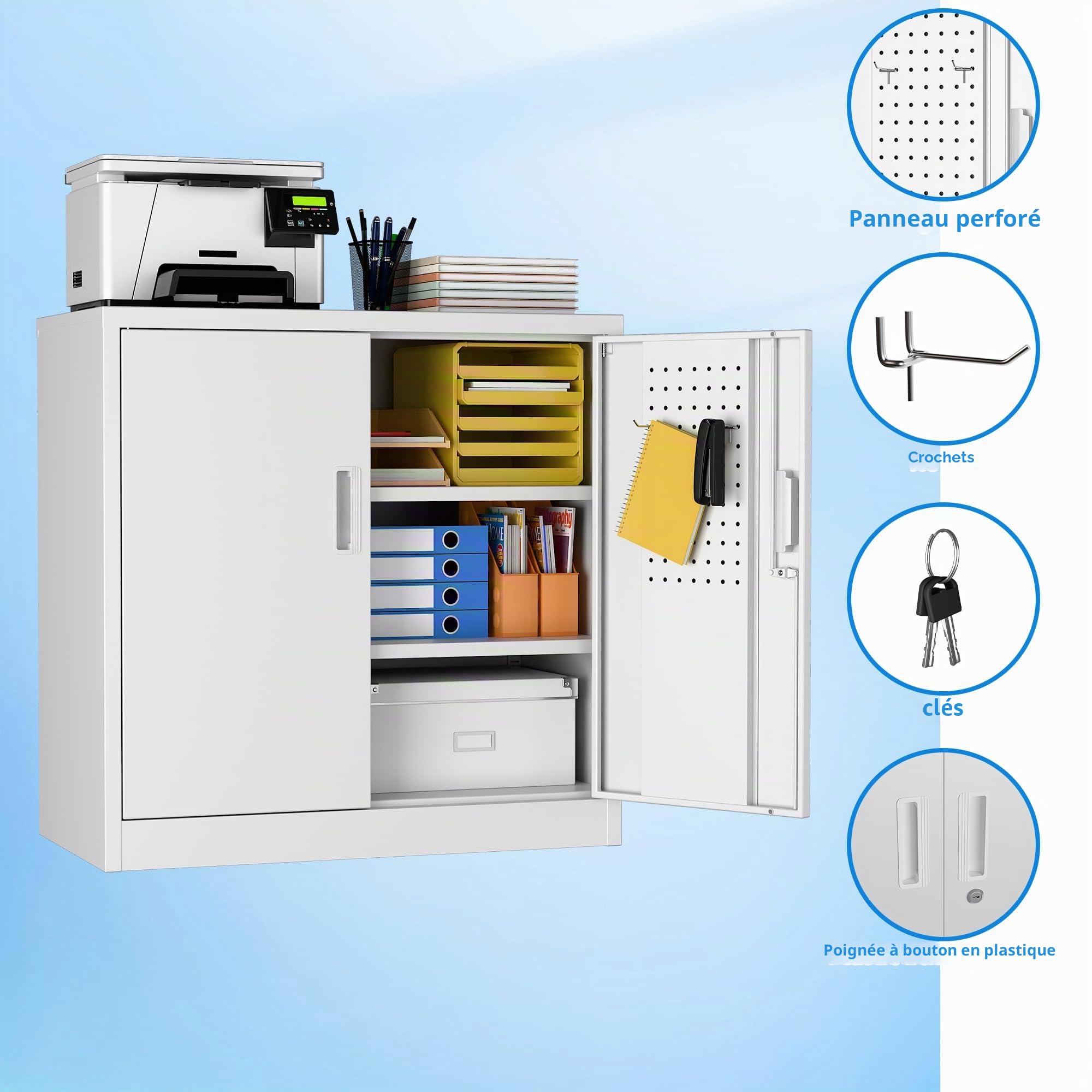 Armoire métallique avec panneau perforé et crochets, 80 cm de haut, 2 étagères réglables, Convient pour la maison, le bureau, la garage, l'école, À assembler soi-même, Blanc