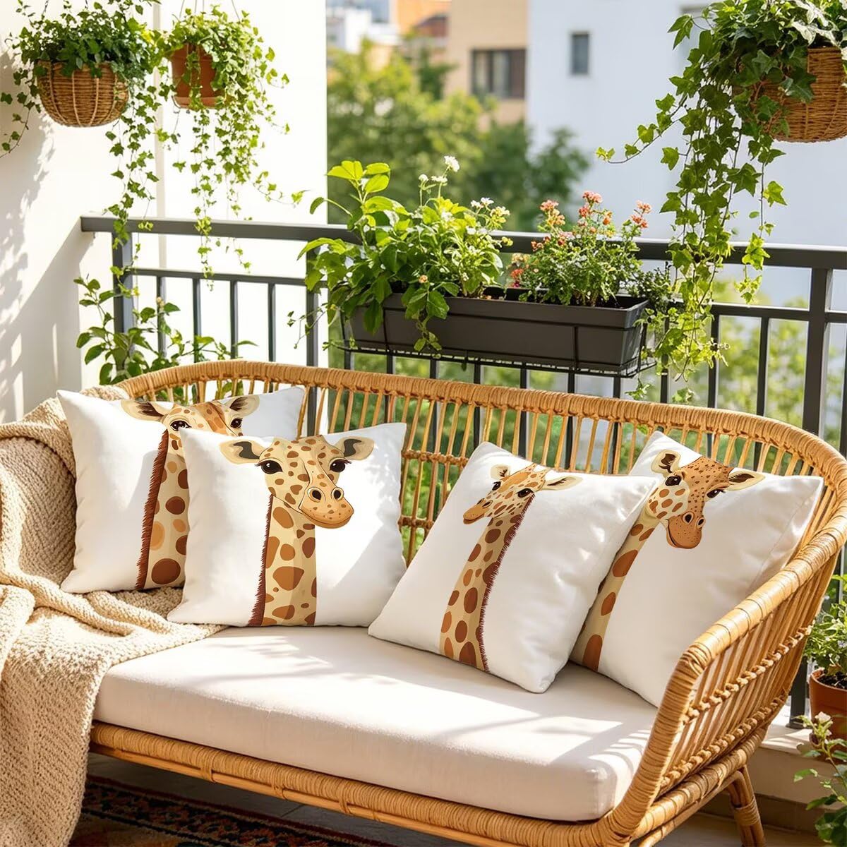 Federe Cuscini Divano 60x60 cm, Bianco Cuscini per Divano, Velluto Federe Cuscino Letto Impermeabili Set da 4, Copricuscini Giraffa Motivo con Cerniera Invisibile Design per Sofá, Regalo Donna F-85