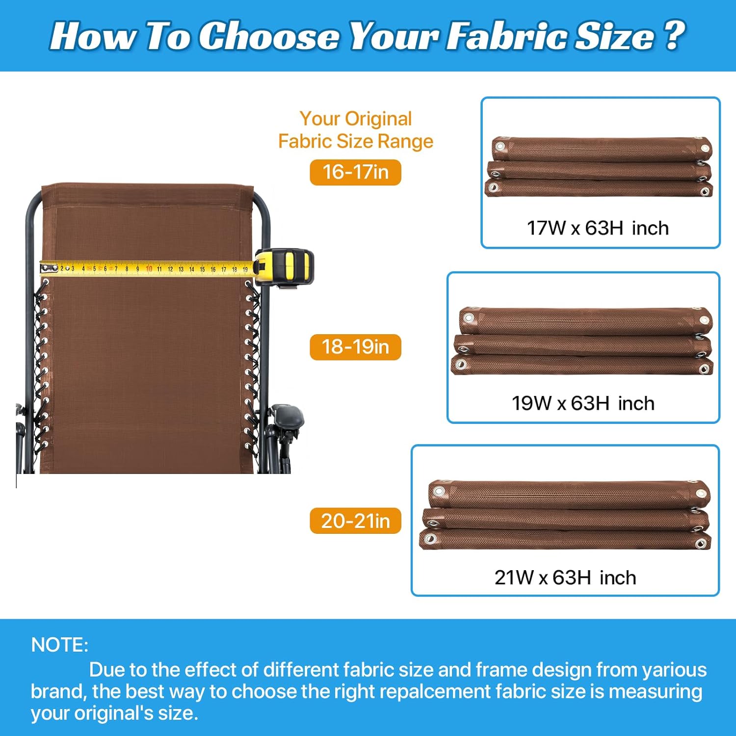 Ostlttyn Zero Gravity Chair Replacement Fabric with Cord Kits, 21" W x 63" L Repair Cloth with Replacement Bungee Cord for Anti Gravity Lounge Chair Lawn Beach Sling Chairs, Brown