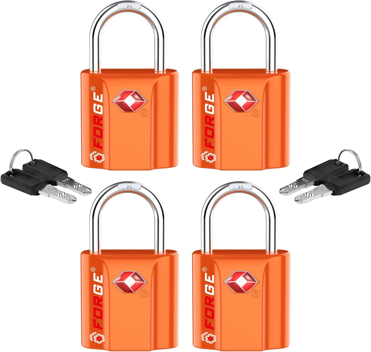 Forge Small TSA Approved Luggage Locks: Ultra Secure Dimple Key Travel Locks Alloy Body. for Luggage, Travel Cases, Backpacks, Orange 4 Pack.
