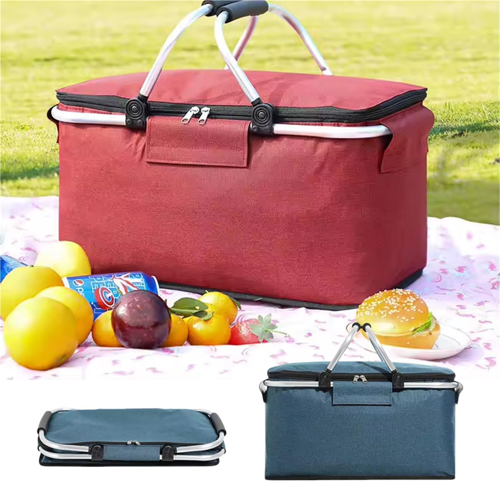 Panier de pique-nique, shopping, voyage, camping, sacs d'épicerie, 2 couches de poches intérieures, panier pliable étanche et isolé (rouge)