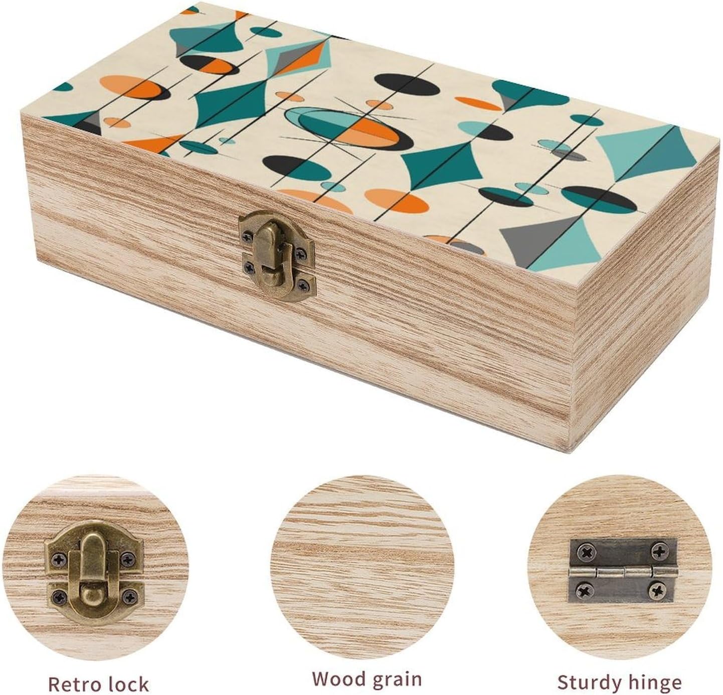 Mid Century Geometric Wooden Keepsake Box with Hinged Lid Solid Wood Gift Boxes Beautifully Keepsake Box Jewellery Organiser Retro Memory Treasure Case with Lids Decorative Boxes image 3
