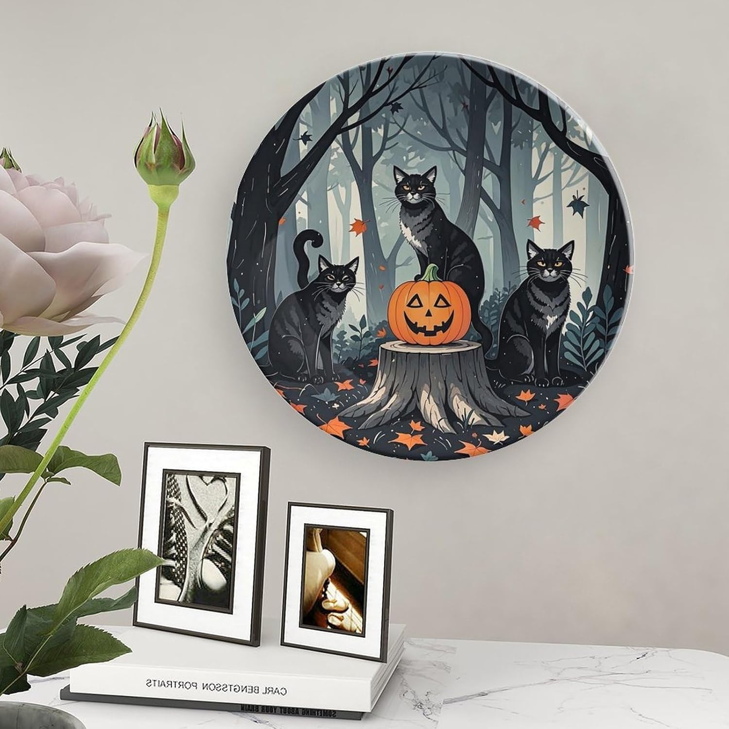 Art Fall Bone China Decorative Plate with Display Stand, Ceramic Ornaments Plate for Wall Hanging, Personalized Porcelain Plates for Office, Living Room 8inch