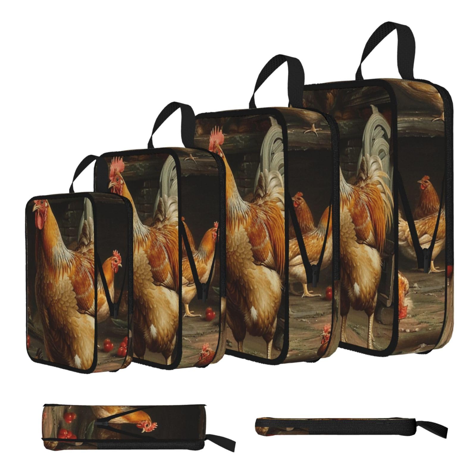 4 PCS Compression Packing Cubes, Roast Chicken Hen Farm Printed Expandable Travel Organiser Packing Bags for Carry On Luggage Travel Accessories