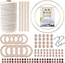119pcs Macrame Rope Kit for Starter 3mm x 109Yards Natural Cotton Macrame Cord with 100pcs Wooden Beads,10pcs Wooden Rings,Wooden Sticks,Metal Rings,S Hooks Macrame Supplies for Plant Hangers