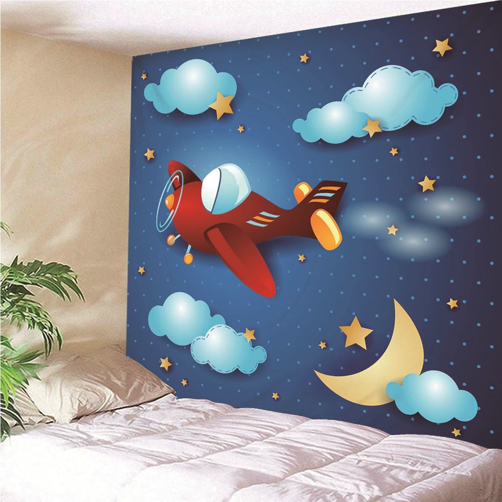 Tapices Navideños, Decoración para Pared Estrellas Lunares y Avión Poliéster Rojo Azul 150x130CM