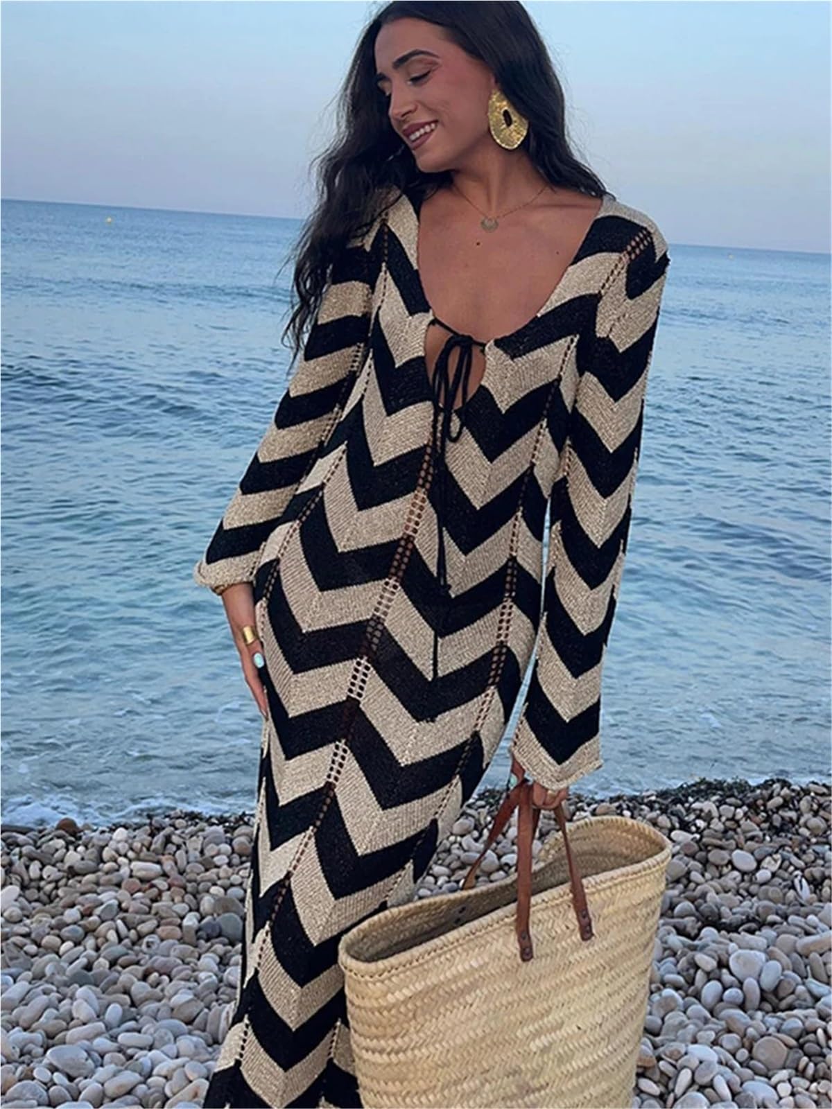 Robe De Plage Robe de Plage en Tricot rayé à Manches Longues et à Lacets, Robe de Plage en Tricot Fin, ajourée, col carré, Robes for Femme pour Femmes