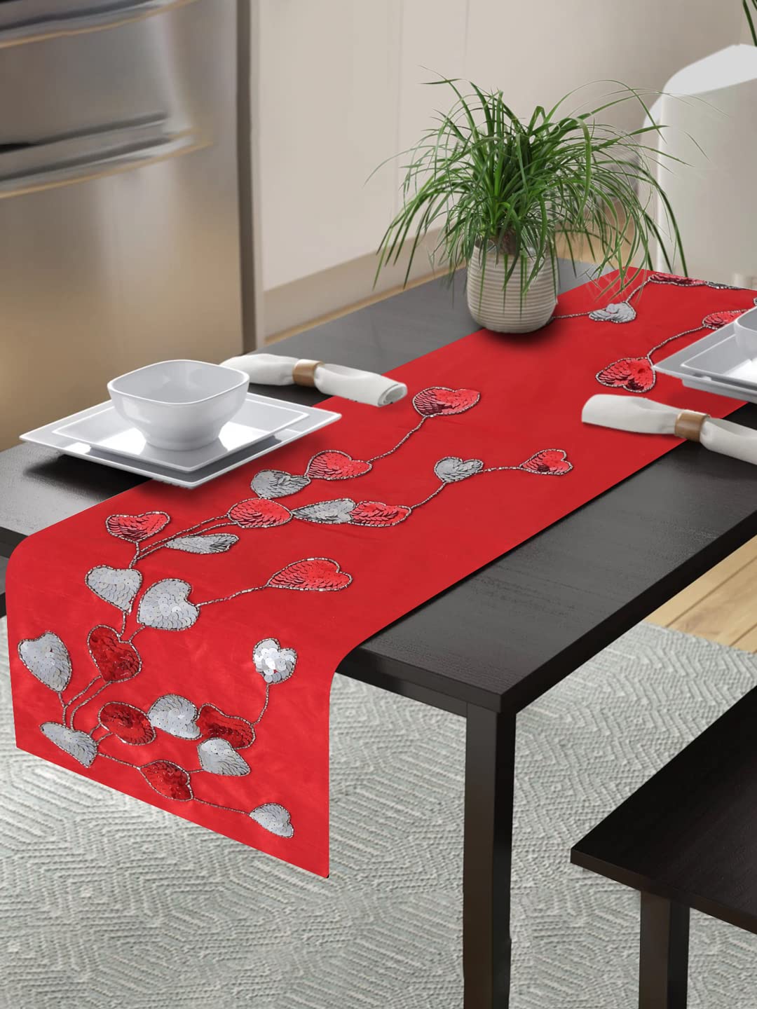ALINA DECOR Hand Beaded Sequins Patchwork Embroider Runner for Dining Table Runner/Table Runner for Dining Table 6-8 Seater Table Runner Cloth (Red Color, 13 Inch X 60 Inch).