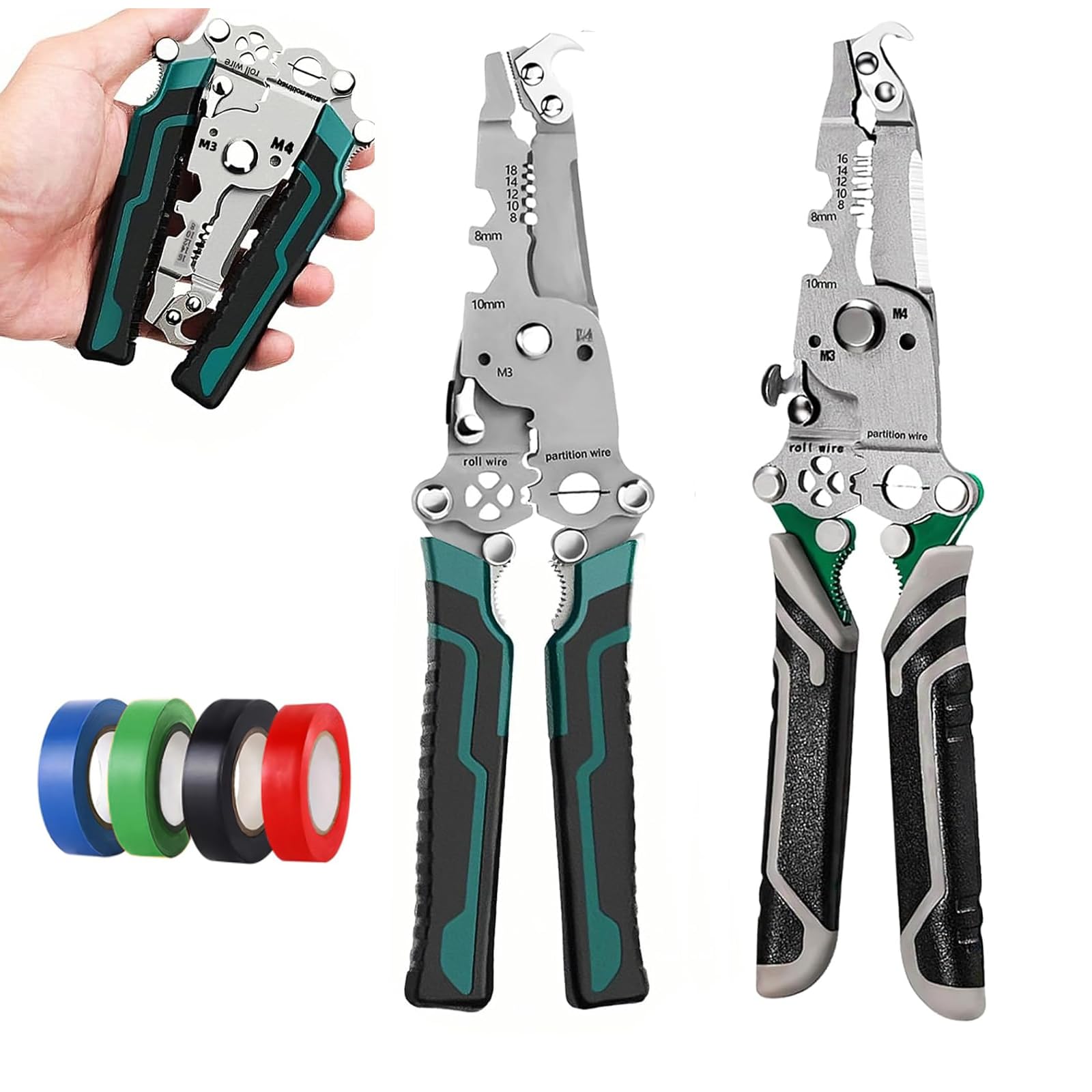 18 in 1 Foldable Wire Stripper, 2Pcs Multifunctional Professional Electrician Wire Stripper Tool for Cutting, Stripping, Twisting Wires Crimping Tool