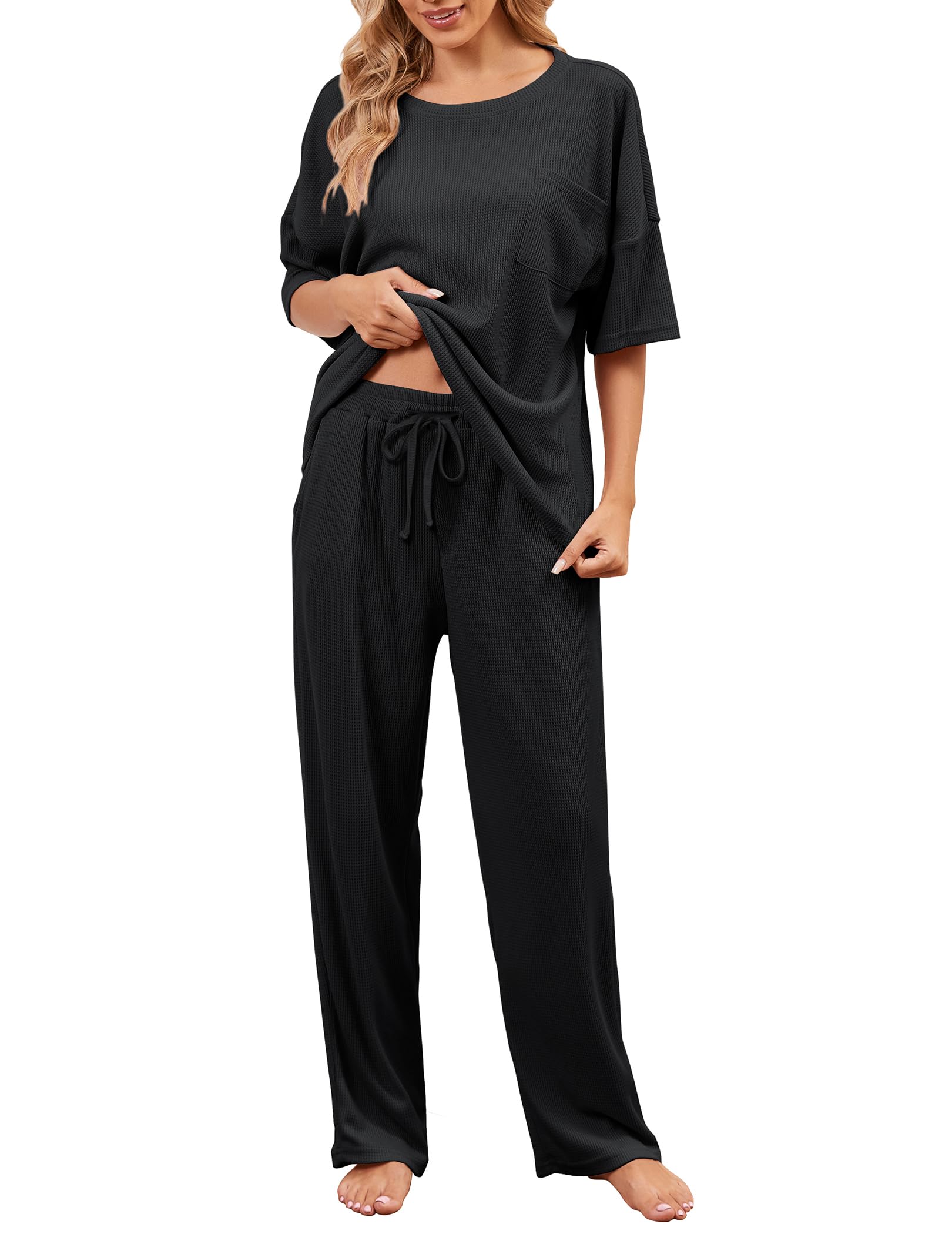 JiniGolla Womens Pajama Sets Waffle Knit Short Sleeve Shirt with Long Pajama Pants Soft Sleepwear Pj Lounge Sets