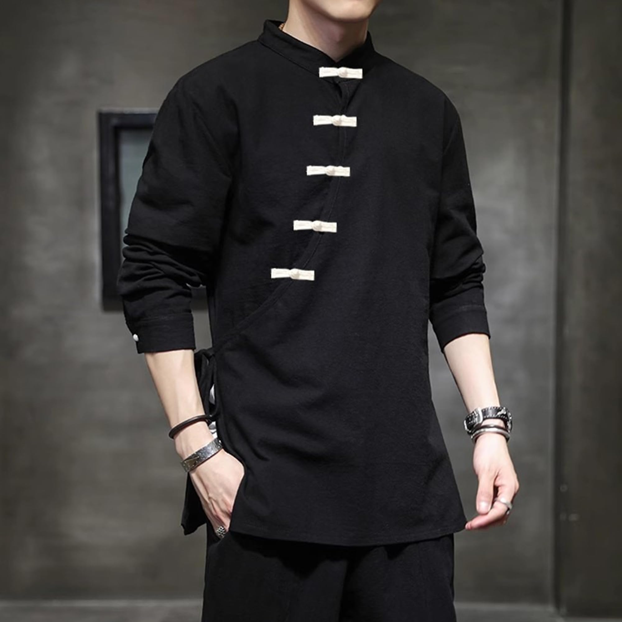 Camicia cinese tradizionale da uomo con colletto alla coreana asimmetrica | Chiusura con bottone a rana, colletto alla coreana, abbigliamento casual, vestibilità comoda, misto cotone e lino