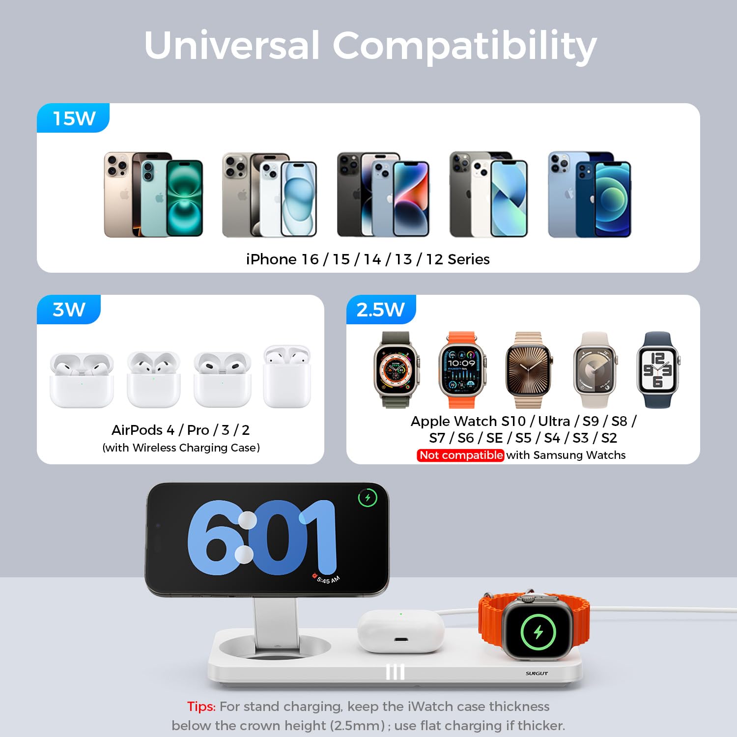 SUNGUY Bezprzewodowa ładowarka 3 w 1, indukcyjna stacja ładująca do Apple Watch i iPhone, przenośna stacja ładująca iPhone Apple Watch Airpods, biała (z zasilaczem USB-C i kablem)