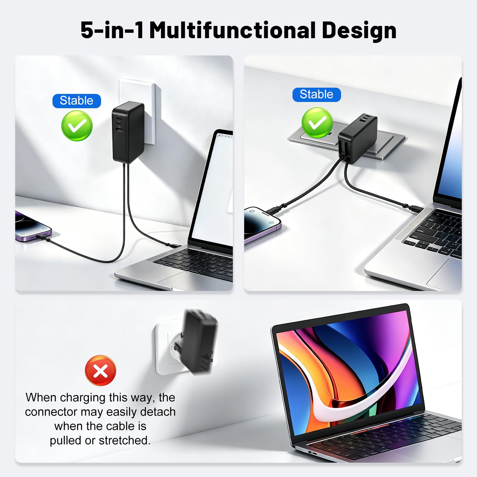 GaN - Caricatore rapido retrattile 5 in 1, 65 W, doppio tipo C, cavo di ricarica retrattile con 3 porte, 2 USB C e 1 USB A, cavo di ricarica estensibile per MacBook, iPhone, Galaxy, iPad
