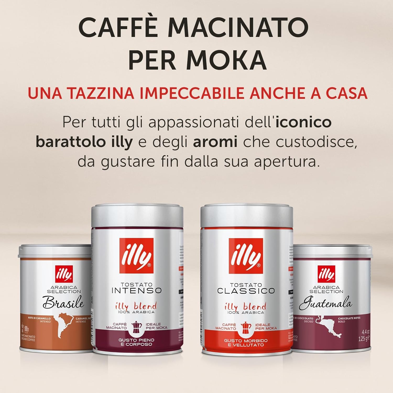 ILLY - 6 Barattoli da 125 Grammi di Caffè Macinato Assortite, Degustazione Monoarabilca Guatemala, Intenso, Classico
