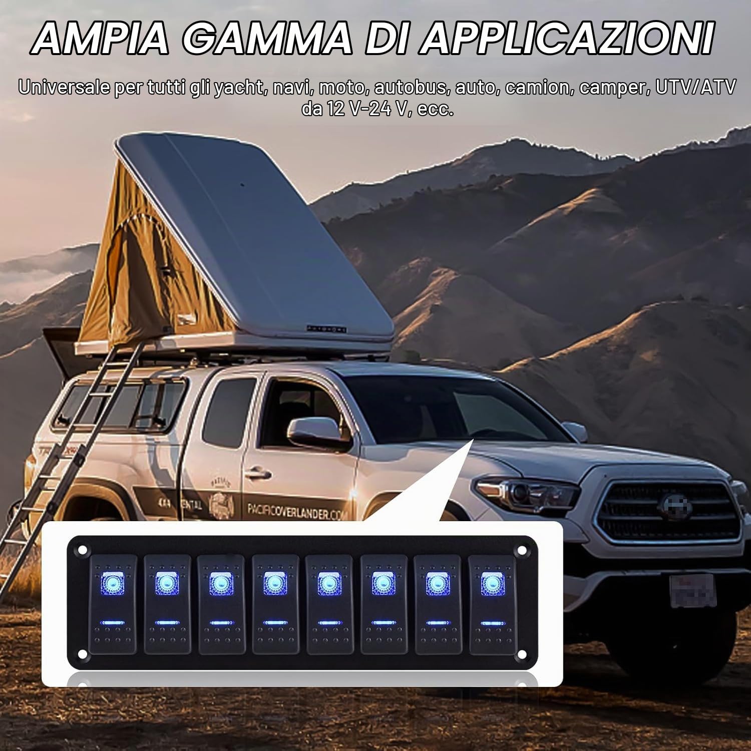 Greluma 1 Pezzo Pannello interruttori a bilanciere 8 bande,interruttore a levetta,interruttore bilanciere precablato DC 12V-24V ON/Off,interruttore retroilluminato blu per auto,barca,camper e veicoli