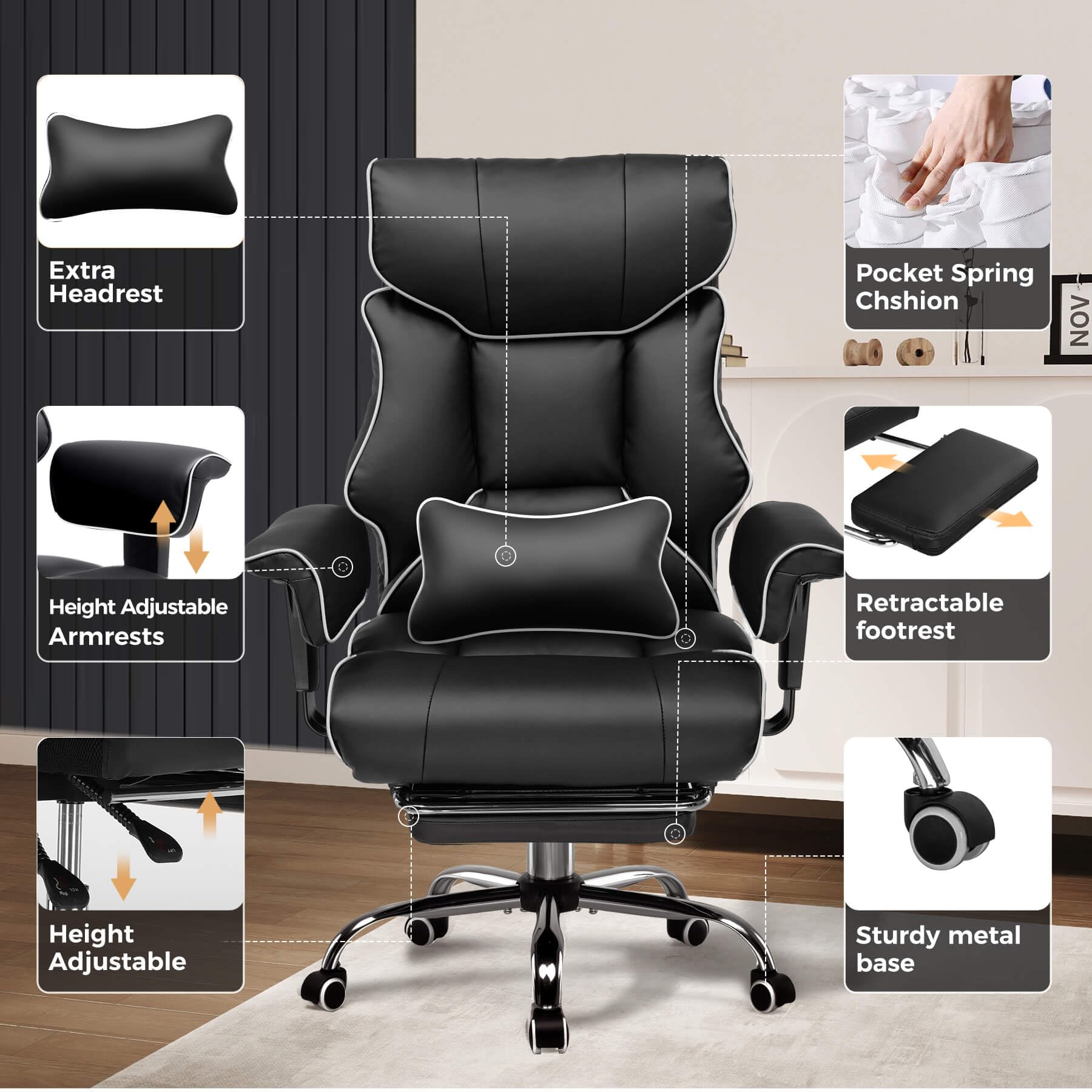 GTPLAYER Big and Tall Gaming Chair 400lbs Heavy Duty Office Chair with Foot Rest & Ergonomic Pocket Spring Cushion, High Back Lumbar Support for Lower Back Pain Relief, White/Black view 5
