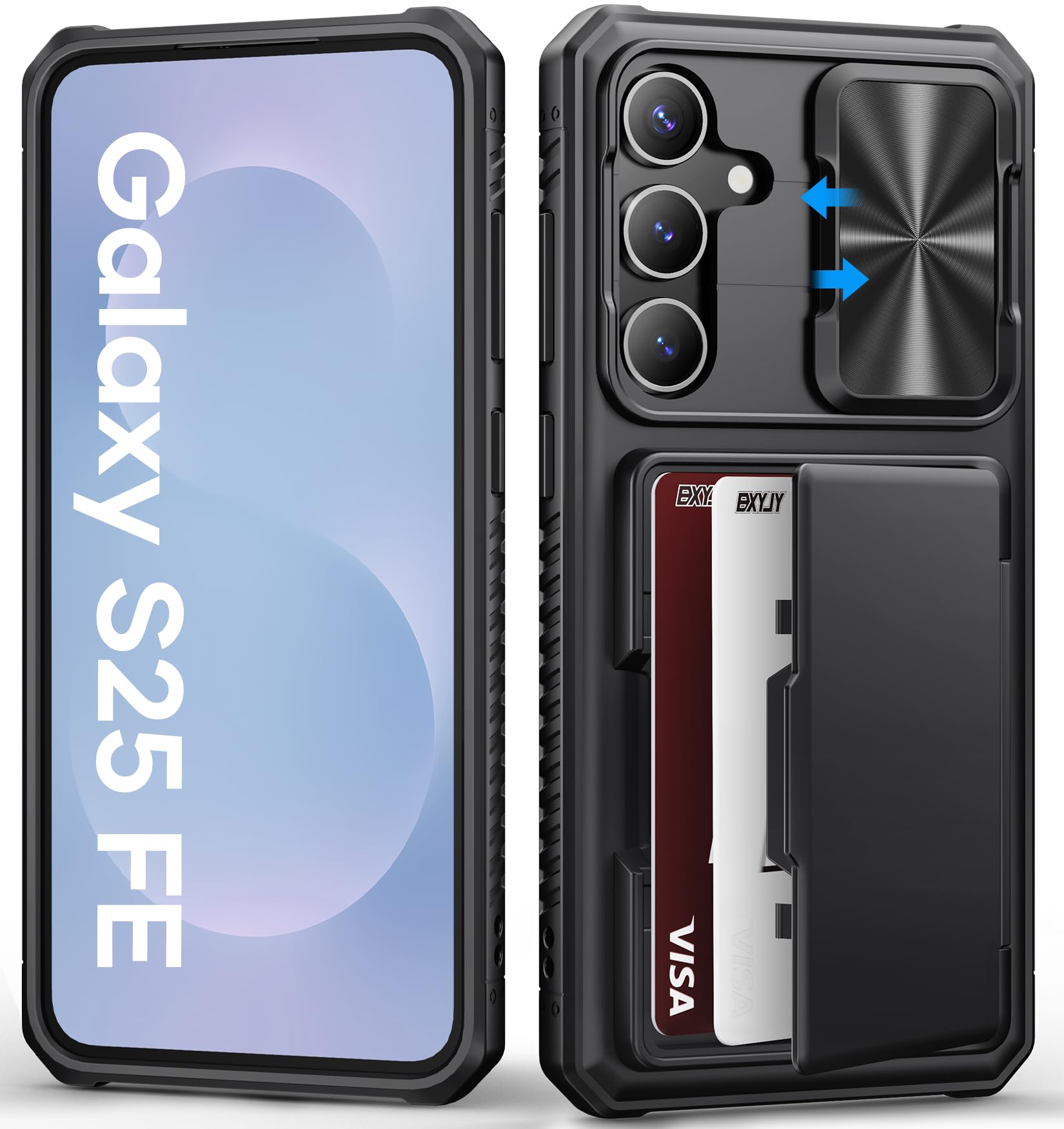 for Samsung Galaxy S25 FE Case Wallet, Card Holder (4-5 Cards), Slide Camera Cover, Military Drop Protection, Rugged Heavy Duty Men Women Protective Phone Case for Galaxy S25 FE 6.7" 2025, Black