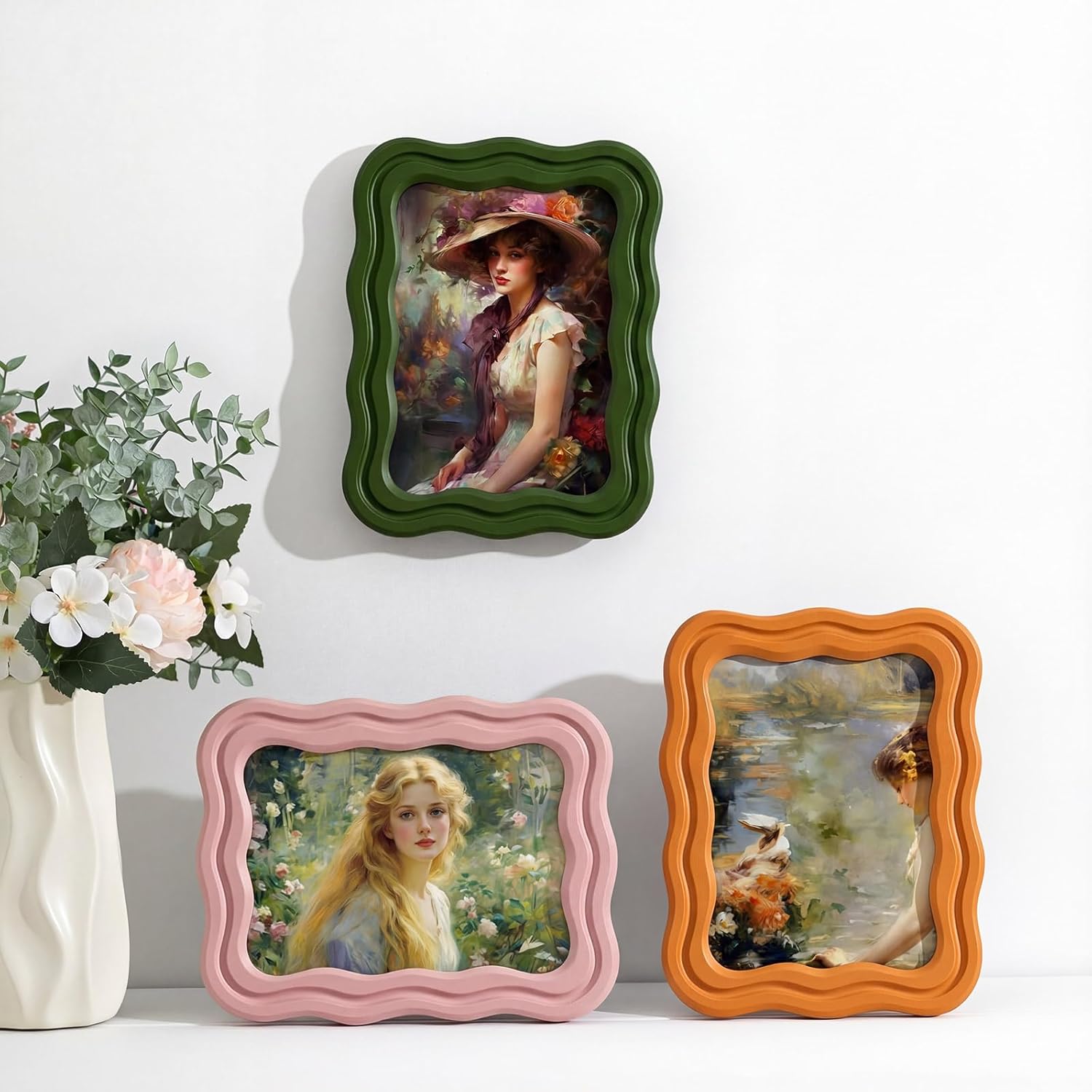 Vicenpal 3 Pack 4 x 6 Inch Scalloped Picture Frame Vintage Curved Funky Decorative Picture Frame for Desktop Wall Display Home Decor Gift Aesthetic Art Design (Retro Colors)