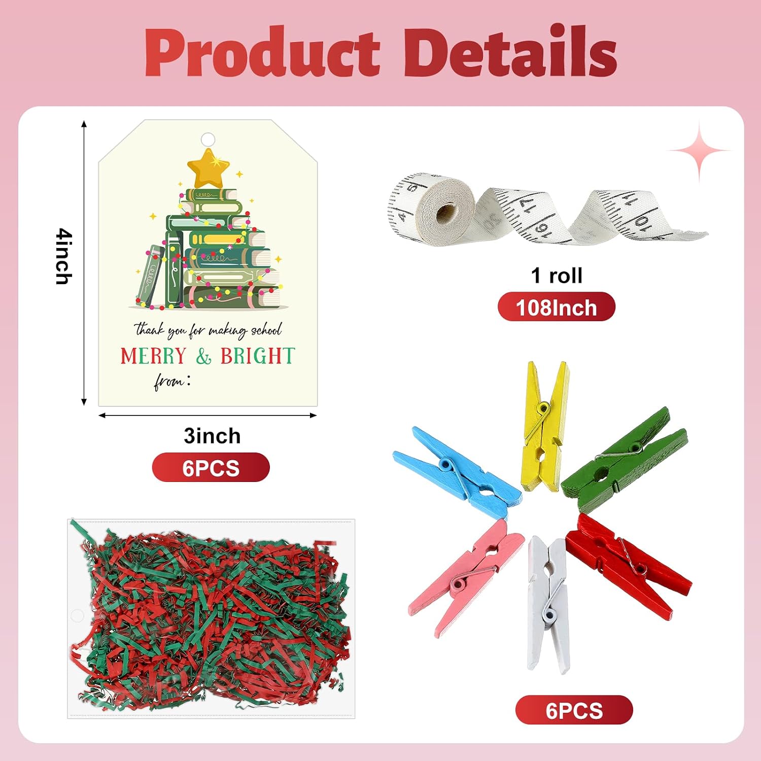 Chunful 6 Set Christmas Teacher Appreciation Gifts Include 6.1 x 4.3 Inch Large Plastic Apple Container with Cards Holders Raffia for Xmas Classroom School Party Decorations